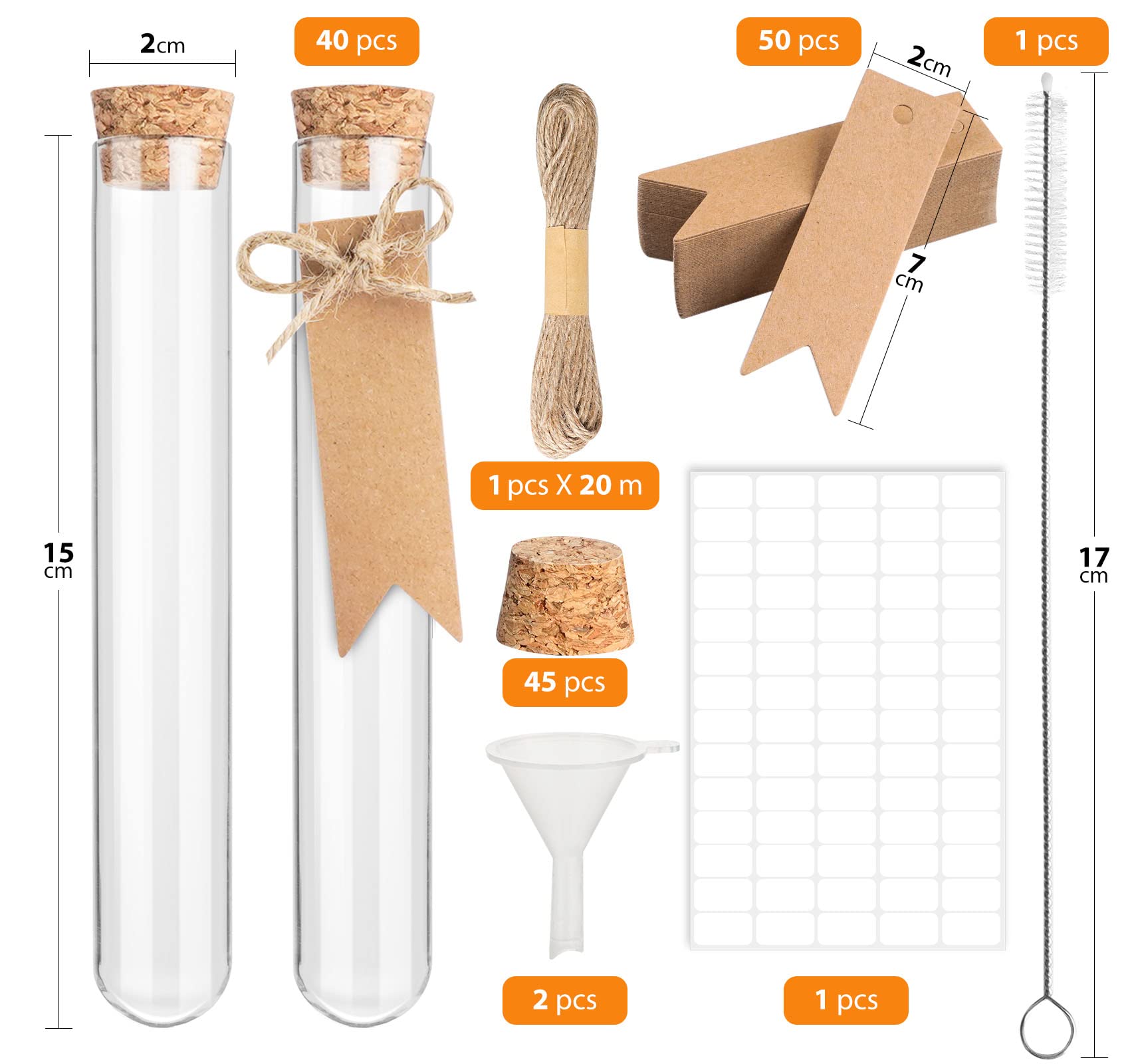 40 sztuk probówek z tworzywa sztucznego, 20 x 150 mm, probówki z korkiem, 50 sztuk zawieszek z papieru typu kraft do kwiatów, prezentów dla gości, na wesele, słodycze, sól do kąpieli