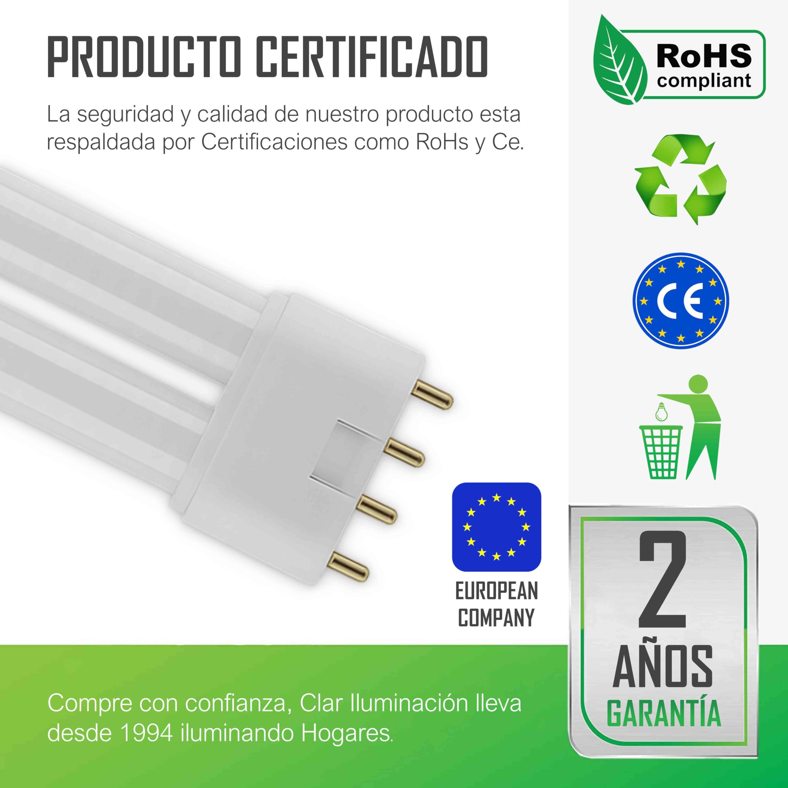 CLAR - Bombilla Fluorescente Gemini L 36W 4000K 2G11 Luz Blanca Neutra Tubo Recto Profesional Alto Flujo CFL Reemplazo Técnico Iluminación Interior Oficinas Laboratorios Cocina Industrial Precisa