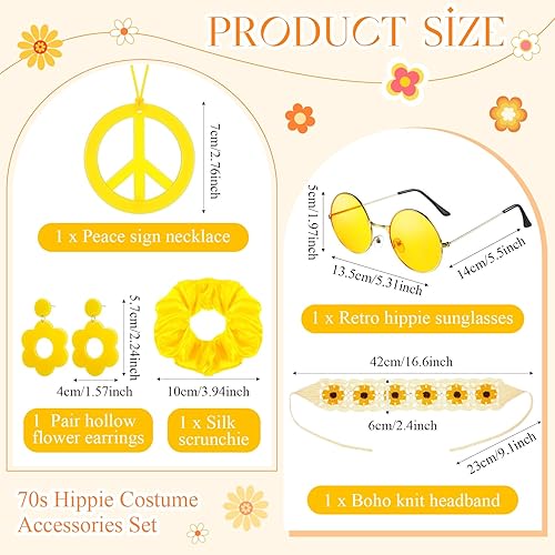 Miniatura 3 de Remuuly 5 piezas de accesorios hippie de los años 60 y 70 para mujer, diadema de punto de flores, trajes retro de los años 70, disfraz hippie
