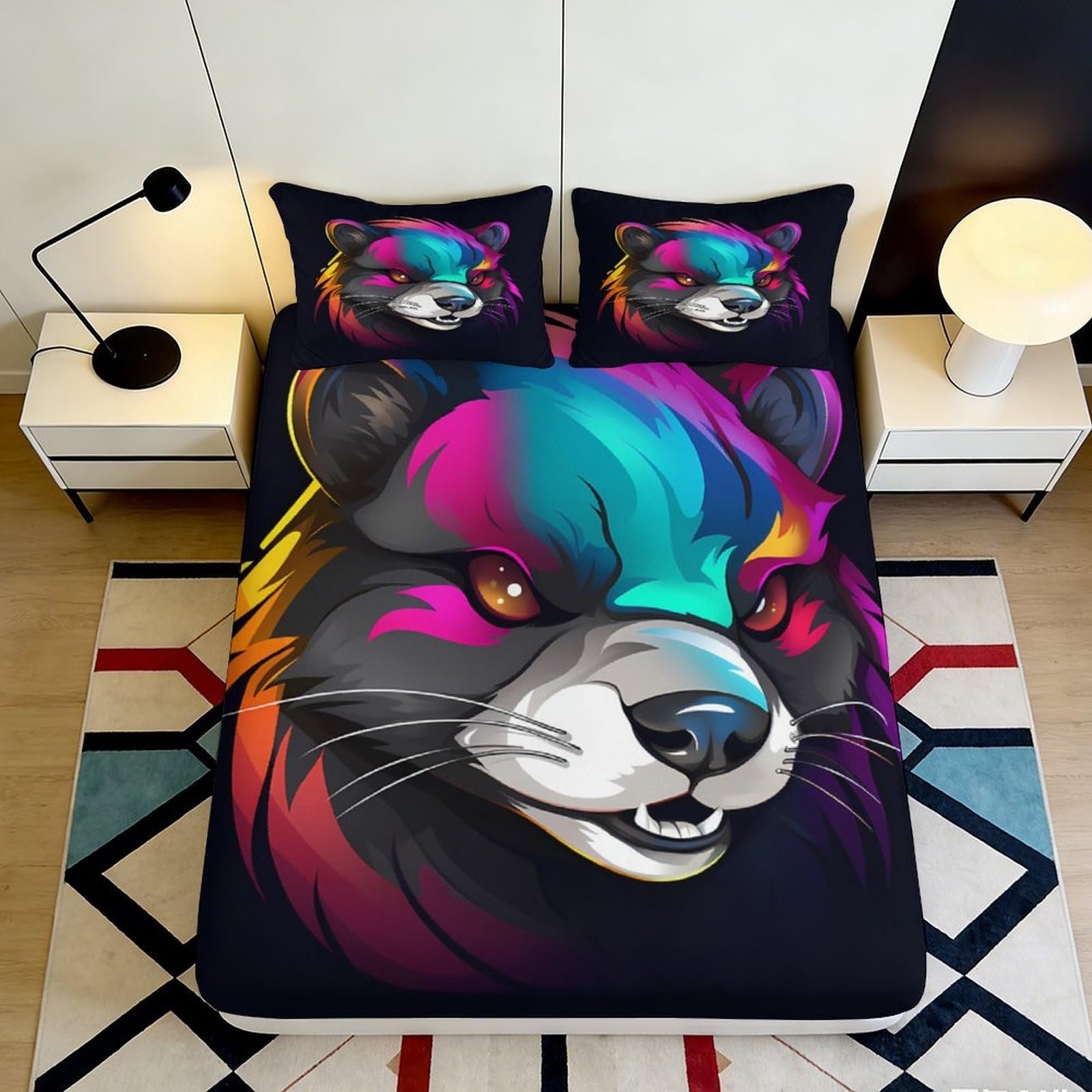 3D Printed Neon Wolf Fitted Sheet Microfiber Soft Breathable Graffiti Animal Mattress Cover for Bedroom Decor 90x200x25cm