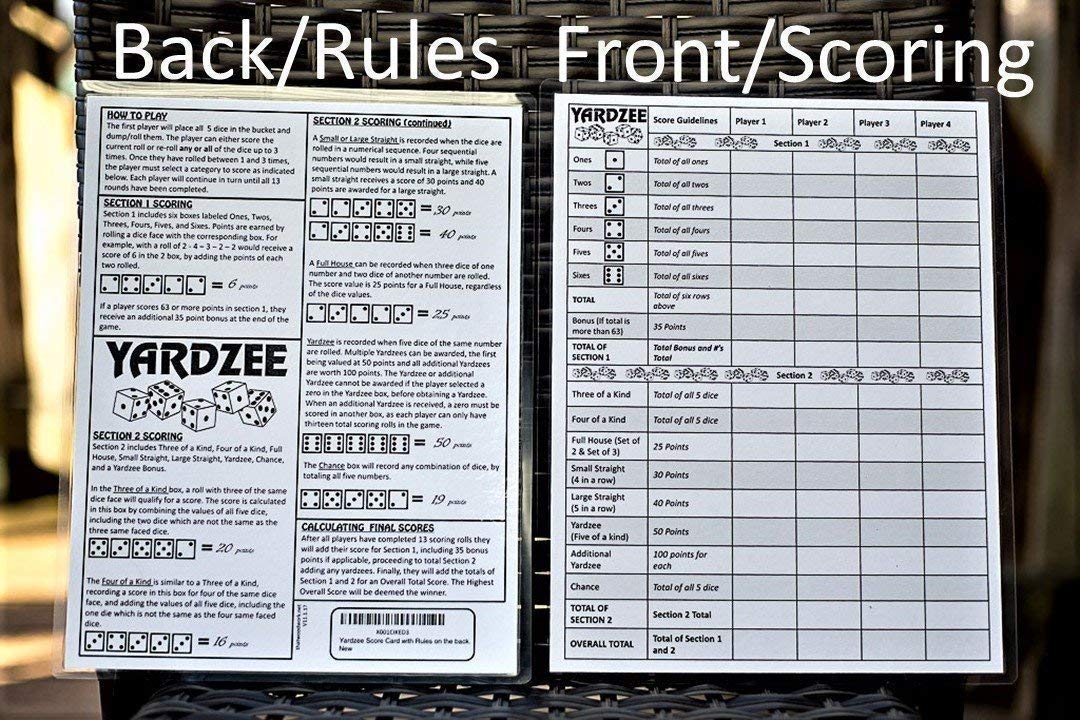 Yardzee Score Cards with Rules on the Back, Laminated Yardzee Score