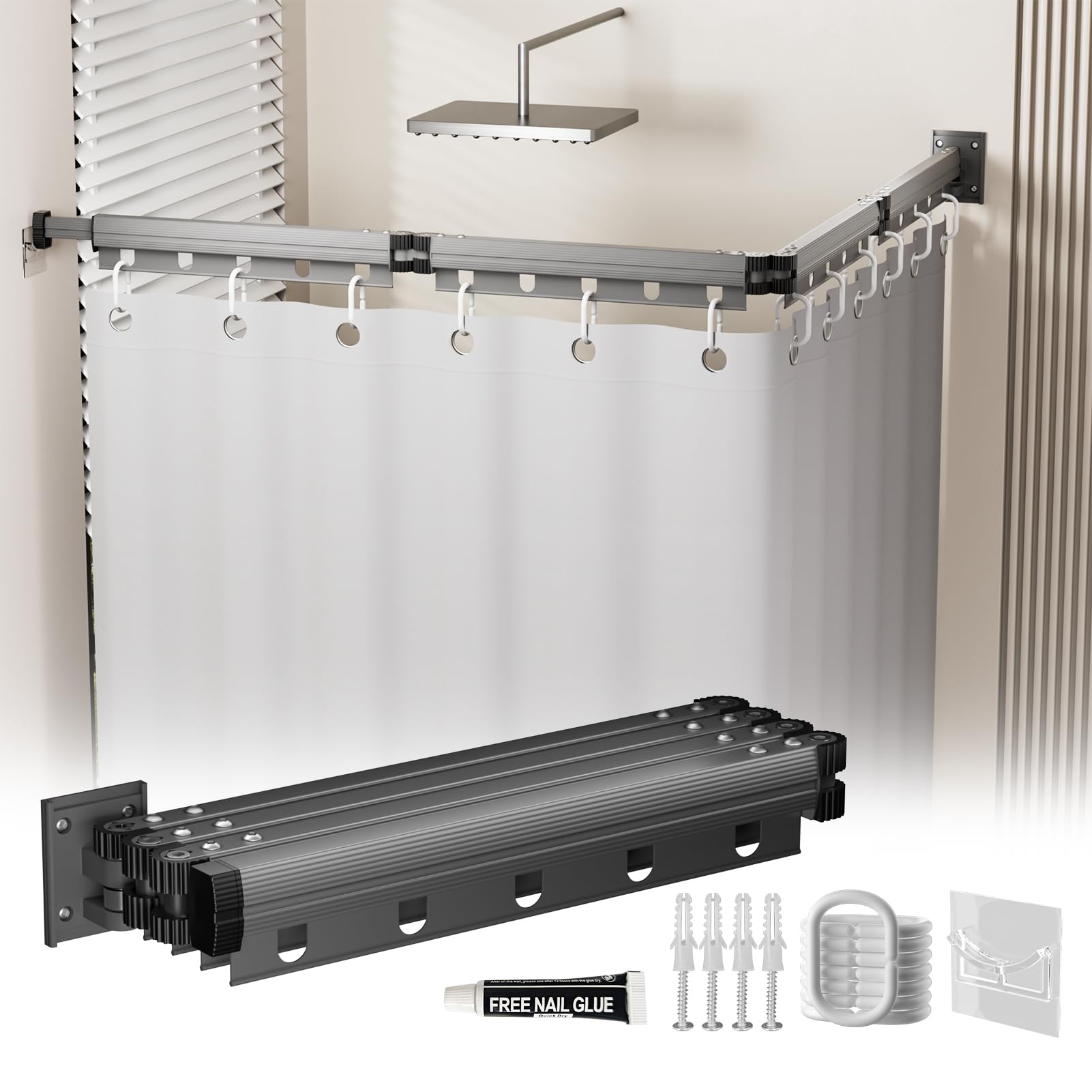 Rideau de douche pliable avec tringle à rideau de douche, colle de montage sans clou/perçage avec une perceuse, fonction réglable en angle L/U, rideau de douche imperméable, 4 plis gris