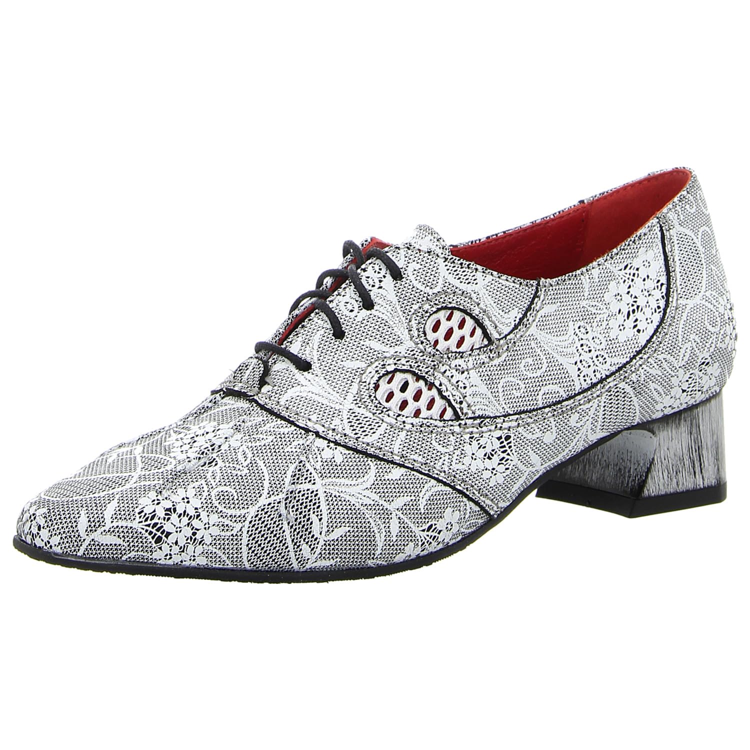 Simen Damen Hochfrontpumps aus Echtleder in Weiß mit Spitze Optik und Blumen Muster. weiß schwarz