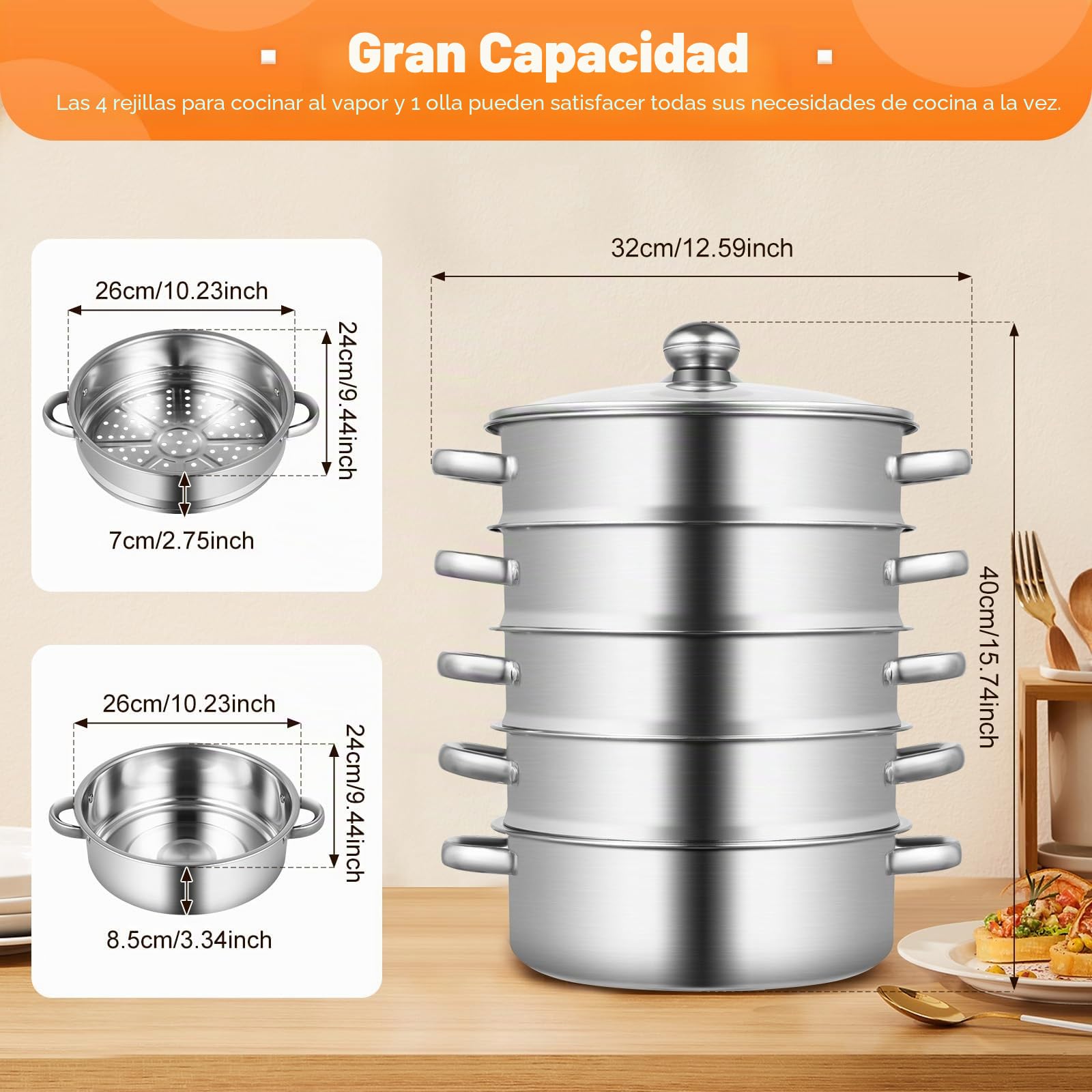 Vaporera de 5 niveles, acero inoxidable, vaporizador, apilable, diámetro de 26 cm, olla de vapor, olla con sartén y tapa de cristal, para cocinar (plata)