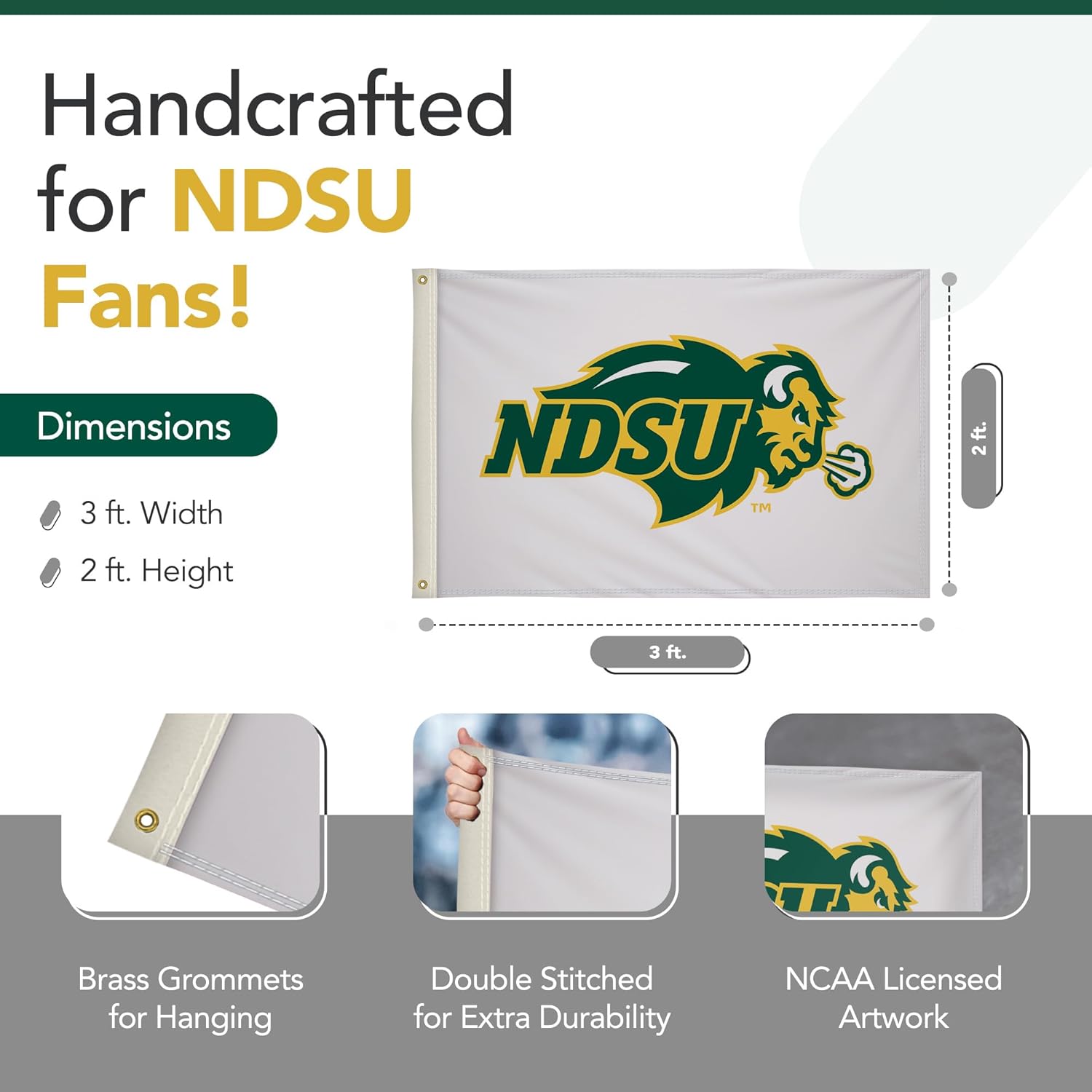 North Dakota State Bison College Sports Printed Flag - NCAA Licensed - Nylon - School Banner (White, Green, Gold) (3' x 5') - Image 2