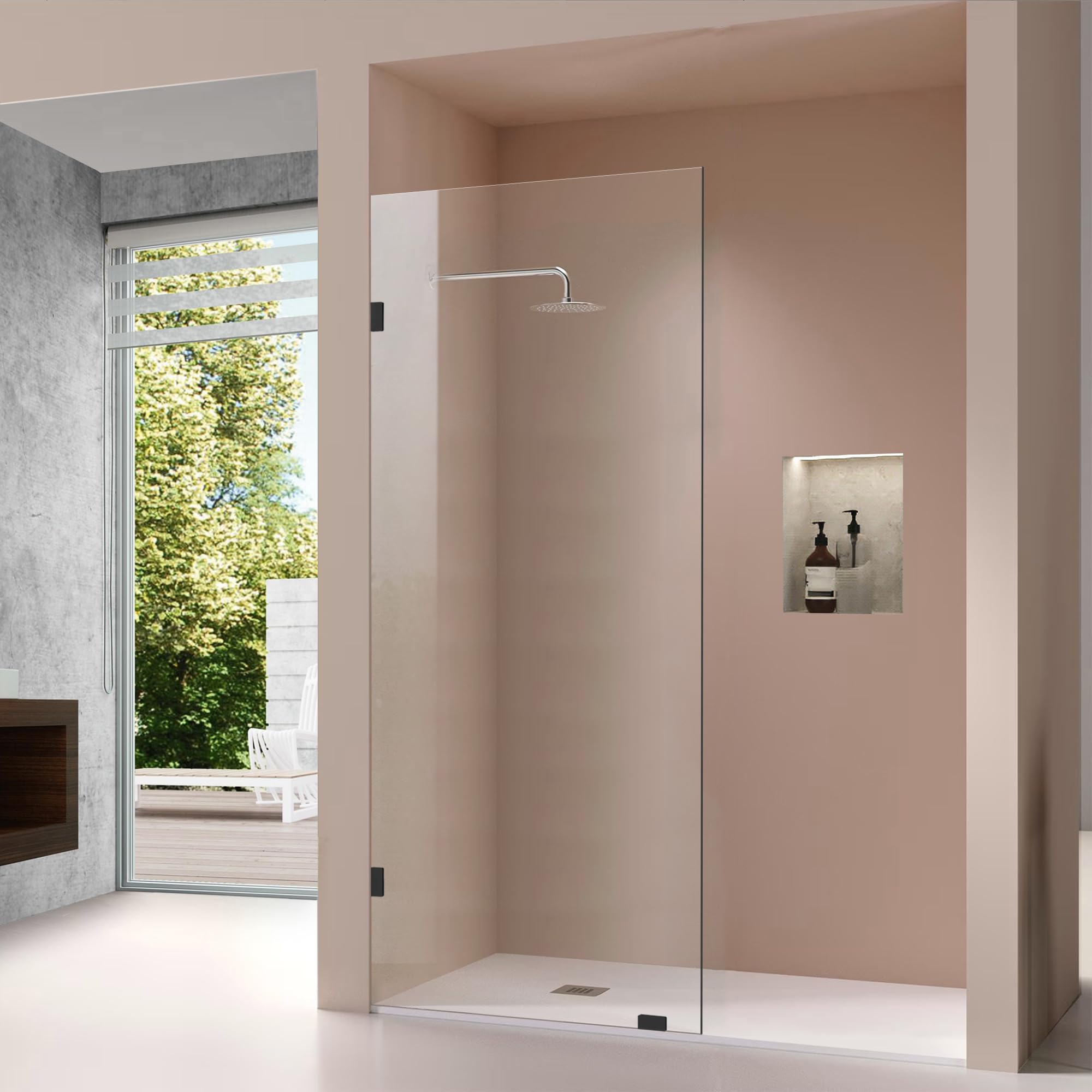 Condition photo showing New/Like New for 28.5 W*78 H Inch, Bathroom Frameless Fixed Shower Glass Panel Door, 5/16"(8mm) Thick Clear Tempered Glass Door with 3PCS Matte Black Clamps