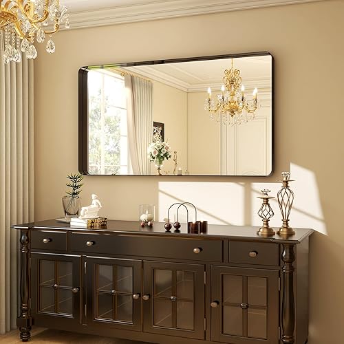 Miniatura 4 de Easly Espejo de baño negro de 48 x 30 pulgadas, moderno espejo negro para pared con esquinas redondeadas. Espejos de baño para tocador, espejo