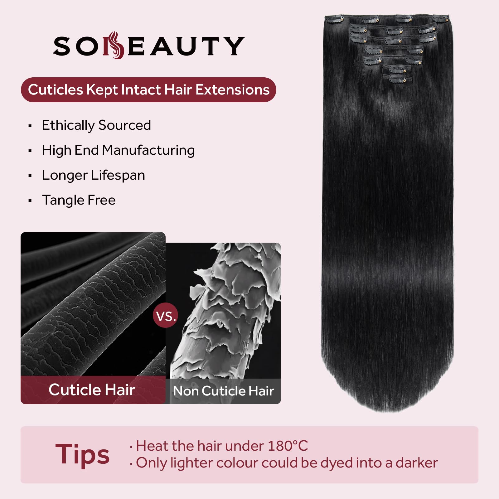 Echthaar Clip In Extensions Schwarz #1, Natürliches Volumen 50cm | 120g 7Pcs Tiefschwarz Echthaare mit Unsichtbare Klipps für Volle Kopfabdeckung
