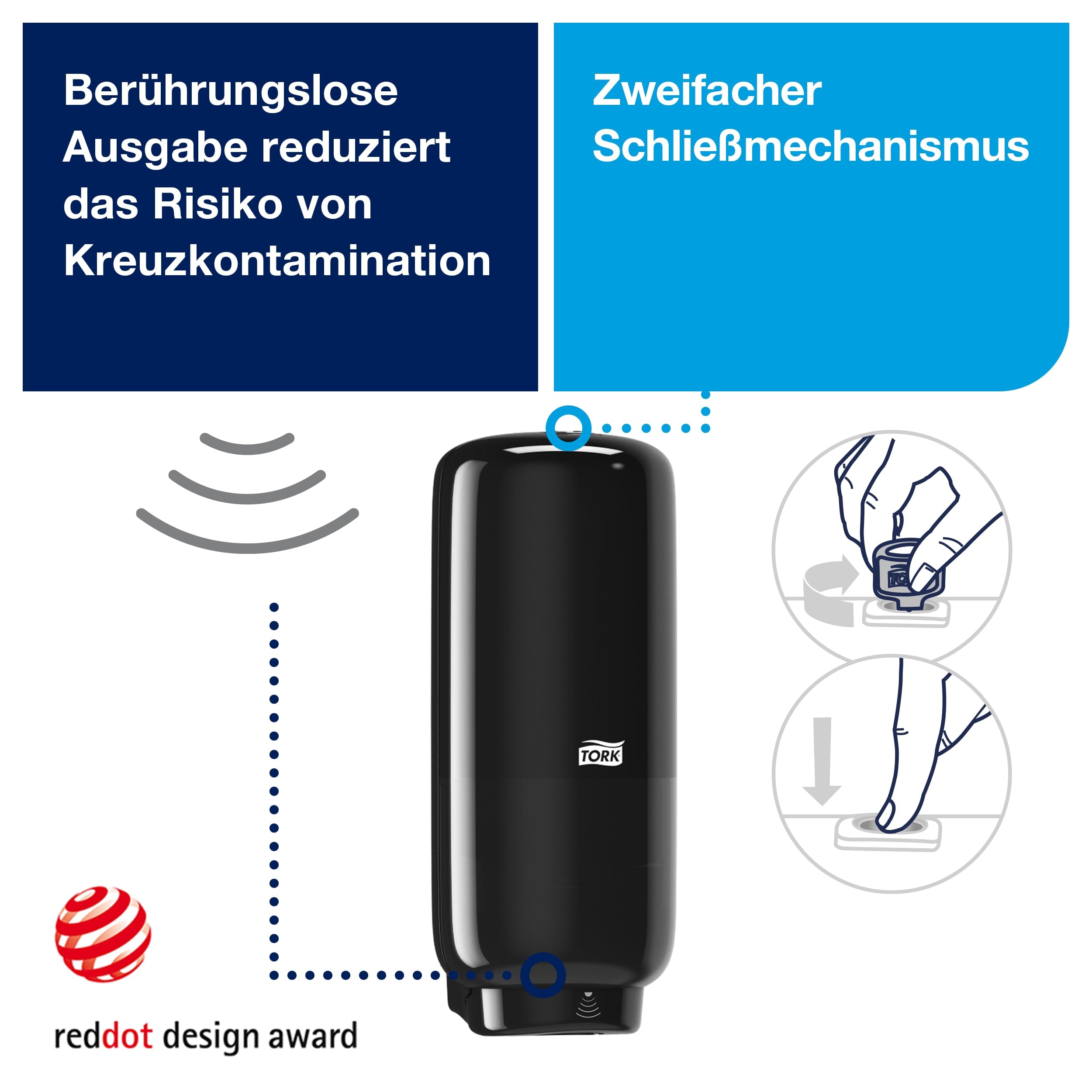 Tork Hautpflegespender Wandmontage mit Intuition Sensor Schwarz S4, für Flüssigseife, Schaumseife und Desinfektionsmittel, Elevation Linie, 561608 (x6)