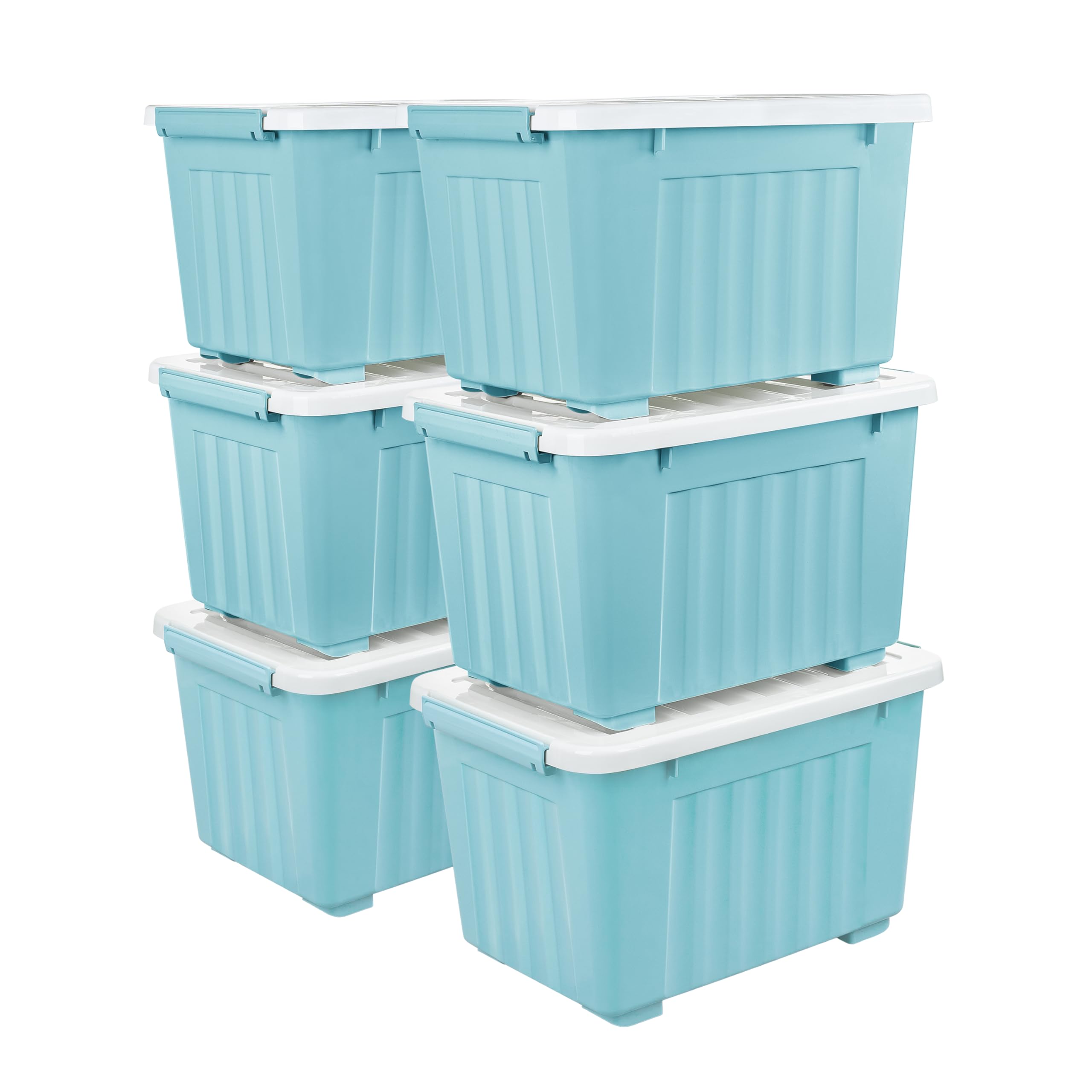 Cetomo35L*6 Storage Boxes with Wheels, Plastic Storage Box with Lid, Latching Buckles, Click Closure, Stackable, Nesting, Durable Organizer for Home Office Clothes, Blue, 35L-6 Pack
