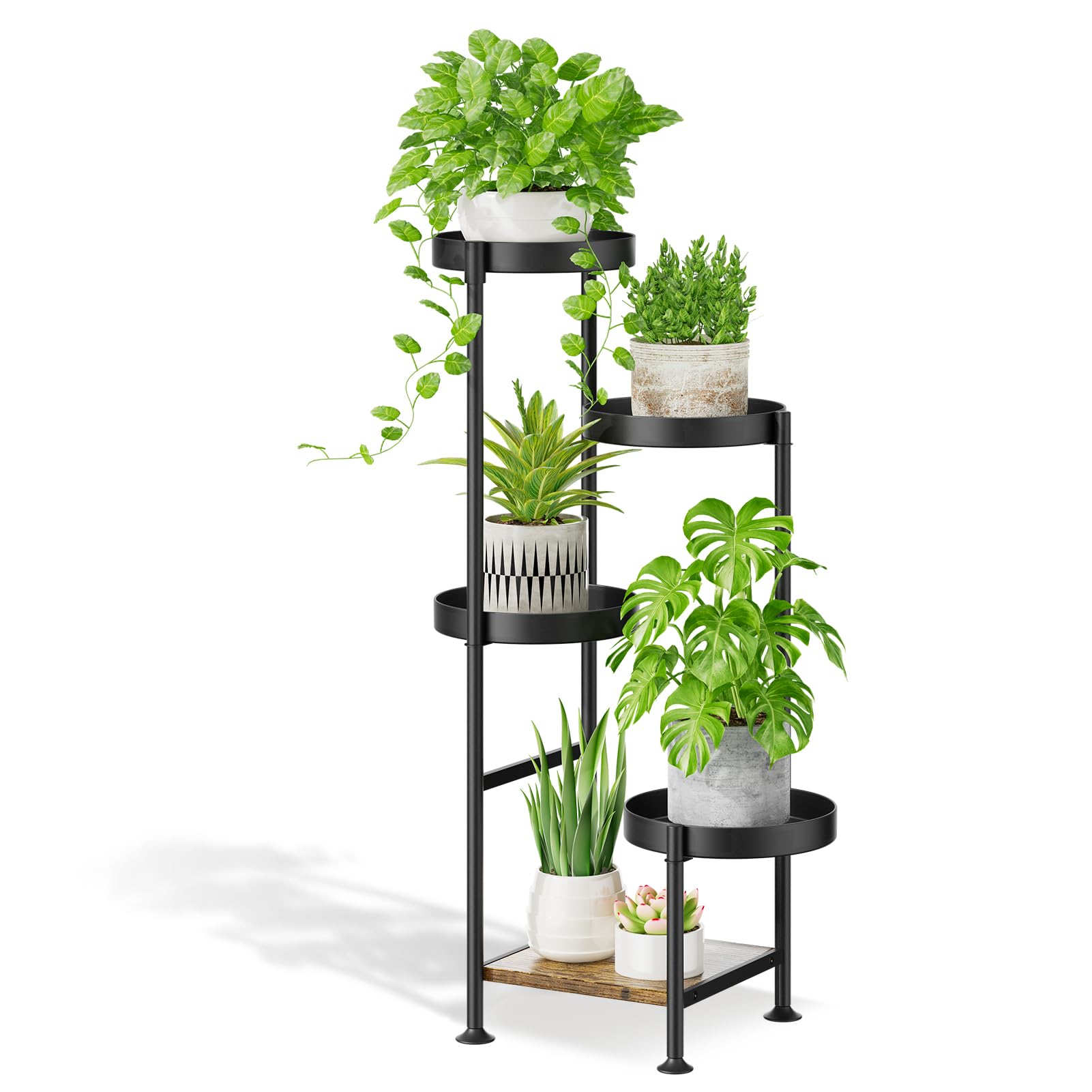 5 Tier Metal Plant Stand Pot Stand Indoor Outdoor, Corner Plant Holder Flower Shelf for Multiple Plants, Modern Plant Display Rack with Wooden Plate for Garden Patio Living Room(Black)