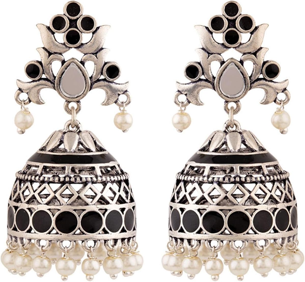 Voylla Brass Silver Oxidised Plating Rangabati Pink Embellishments Jhumka Earrings with Pearl Beads for Women and Girls