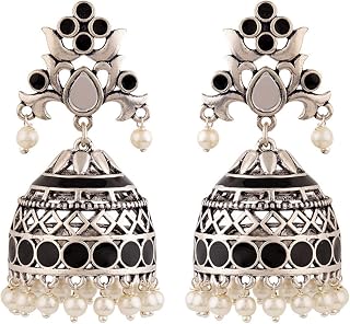 Voylla Brass Silver Oxidised Plating Rangabati Pink Embellishments Jhumka Earrings with Pearl Beads for Women and Girls Price In India