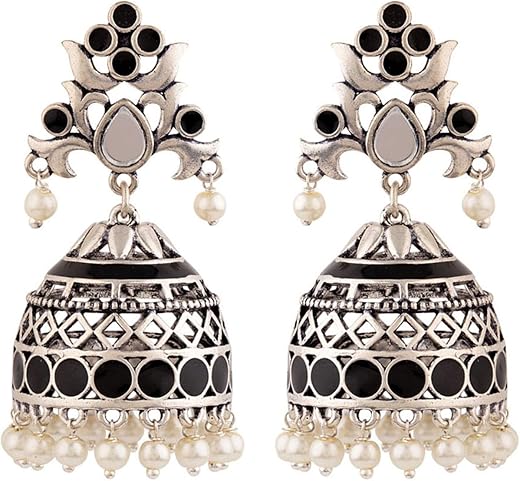 Voylla Brass Silver Oxidised Plating Rangabati Pink Embellishments Jhumka Earrings with Pearl Beads for Women and Girls