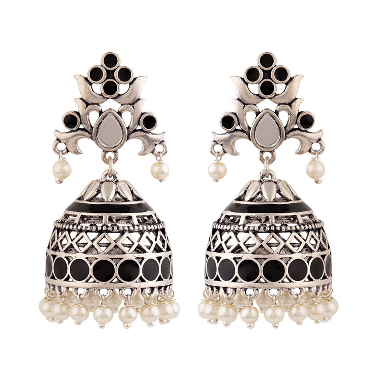 Brass Silver Oxidised Plating Rangabati Pink Embellishments Jhumka Earrings with Pearl Beads for Women and Girls-image-30