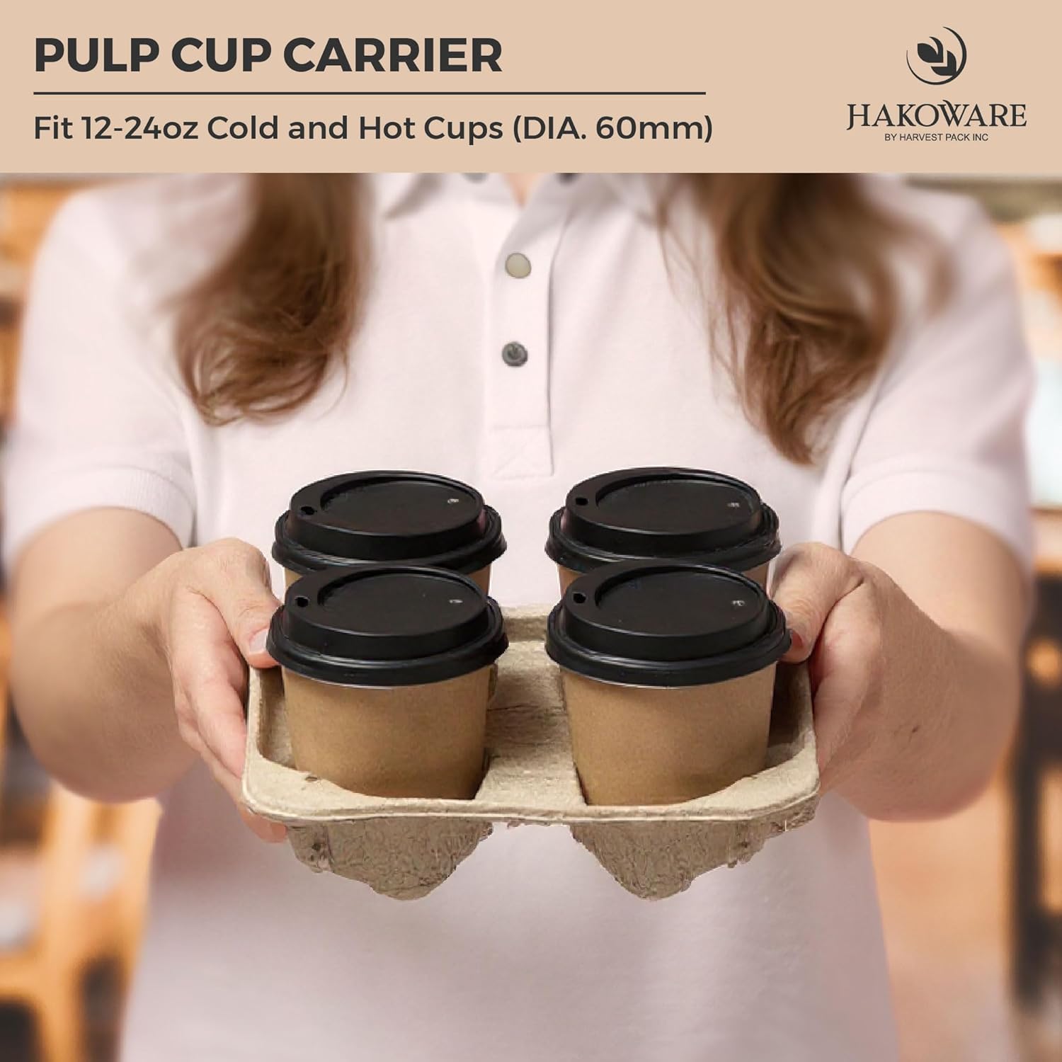 [25 Count]HAKOWARE 12-24oz 4 Cup Disposable Drink Carrier Trays, Compostable Pulp Fiber Paperboard Cup Holder for Takeout Drinks, Heavy Duty Kraft to Go Coffee Cup Holder, Drink Carriers for Delivery - Image 7