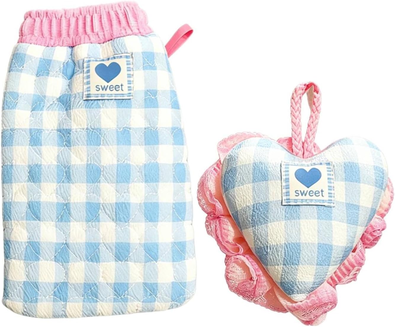 Cute Gingham Bath Mitt & Loofah Set 2-in-1 Durable Exfoliating Scrub Glove and Heart Puff Soft Bath Accessories (Loofah + Bath Mitt)