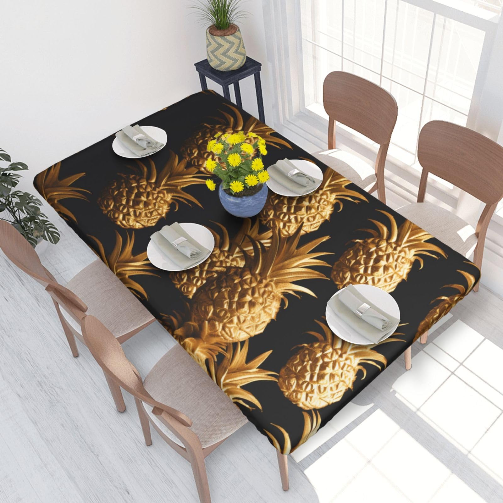 DCARSETCV gold pineapple background Printed 4FT Waterproof Tablecloth with Elastic Edged Protect & Decor Your Table, Oil-proof Washable Table Cloth Cover for Dinner Picnic Party