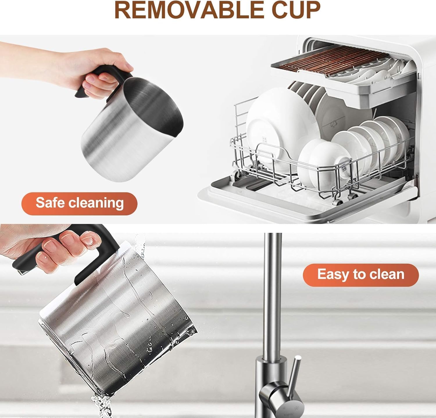 Image showing the removable cup being washed under a faucet and placed in a dishwasher, illustrating easy and safe cleaning.