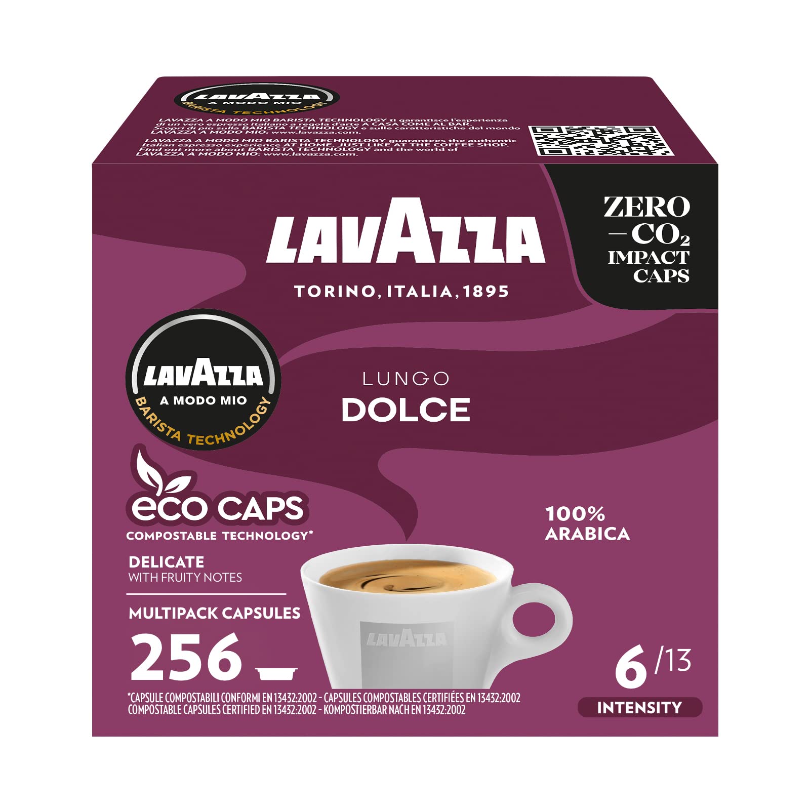 Lavazza A Modo Mio Lungo Dolce, 256 Coffee Capsules, with Aromatic Notes of Dried Fruits, for a Sweet Espresso, 100% Arabica, Intensity 6/13, Medium Roasting, 16 Packs of 16 Coffee Pods