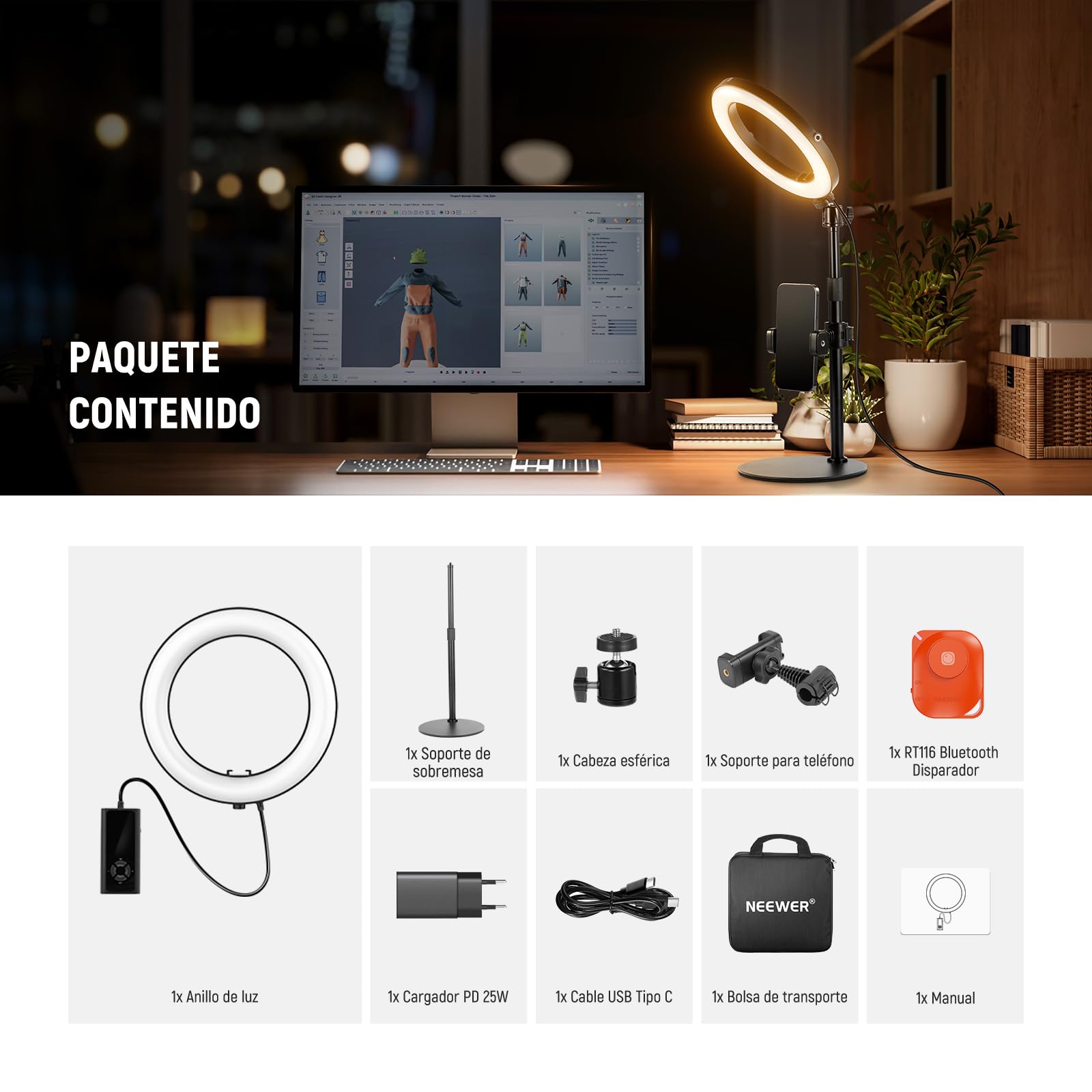 NEEWER 8" 18W Aro Luz Escritorio Alta Potencia con Stand & Soporte Móvil,Aro Luz Circular Selfie para iPhone Streaming Vlogging Grabación Iluminación Kit para Videoconferencia Portátil Zoom Call,RH8B