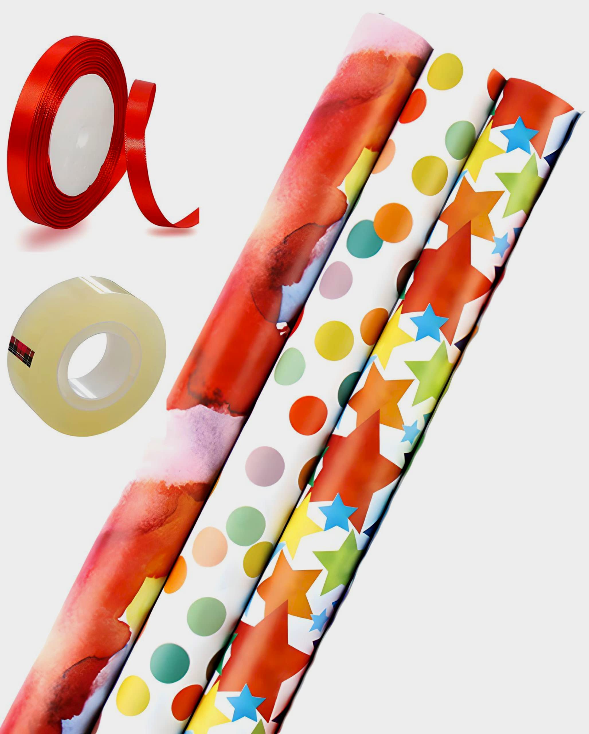 3 Pattern 3 Piece 50x70 cm Gift Wrap Paper Assortment with 1 Red Color 10 Meter Ribbon and 1 Transparent Tape - Create Beautifully Wrapped Gifts for Every Celebration (3 Random design)