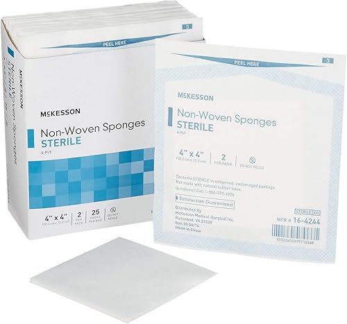 McKesson Esponjas no tejidas, estériles, de 4 capas, de alta absorción, poliésterrayón, 4 x 4 pulgadas, 2 por paquete, 25 paquetes, 50 en total