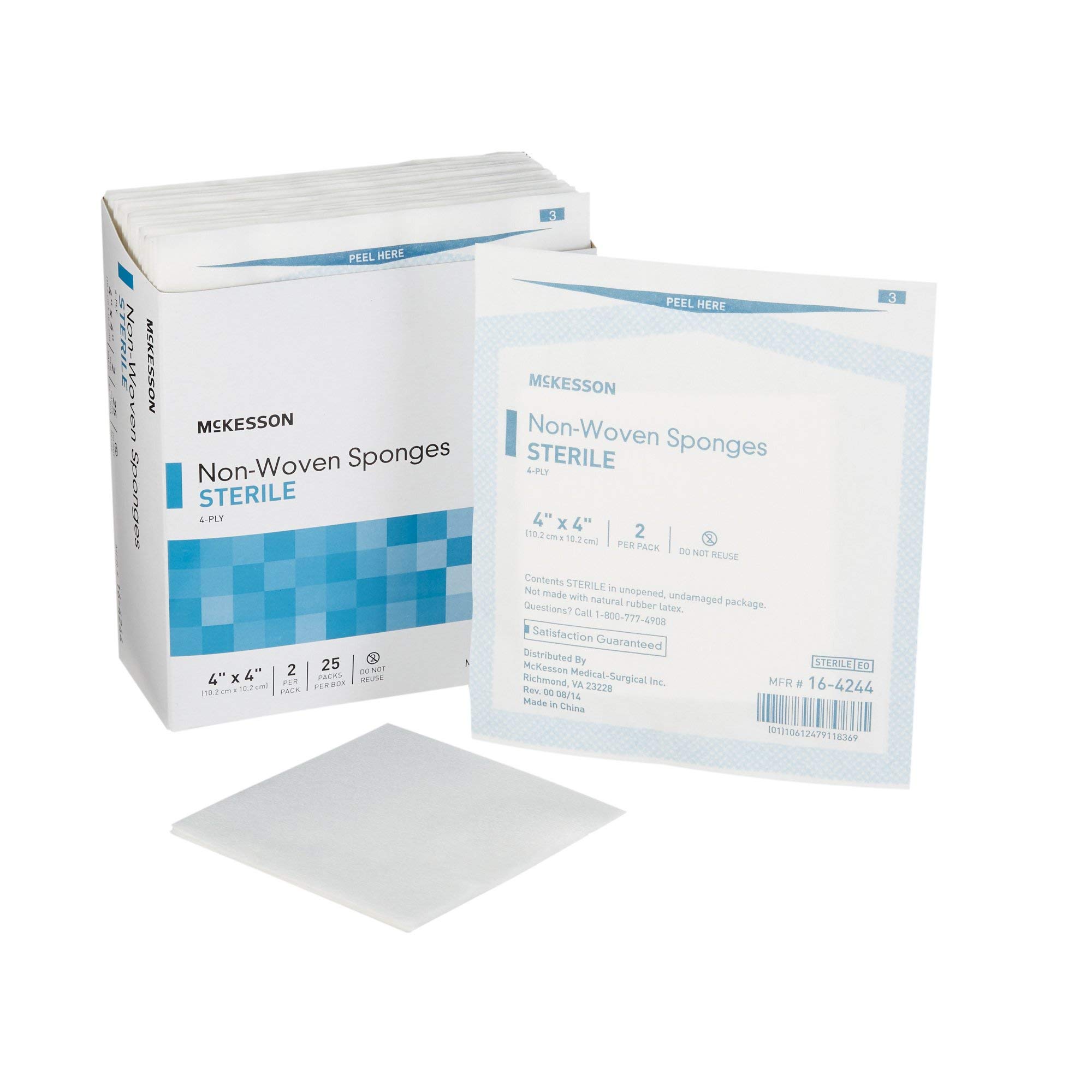 McKesson Non-Woven Sponges, Sterile, 4-Ply, Polyester/Rayon, 4 in x 4 in, 2 per Pack, 50 Packs, 100 Total