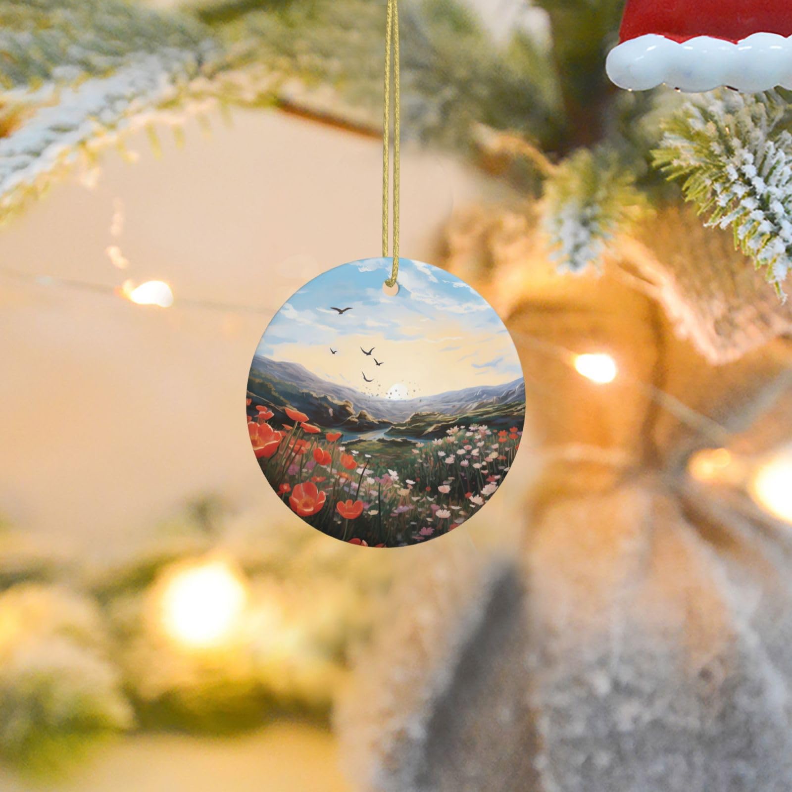 Christmas Tree Ornaments Ceramics Christmas Round Decorations Birds Flying Over Flower Fields Ceramics Ornaments Circle Pentagram Xmas Tree Hanging Pendant for Christmas Tree Party Holiday Home Decor