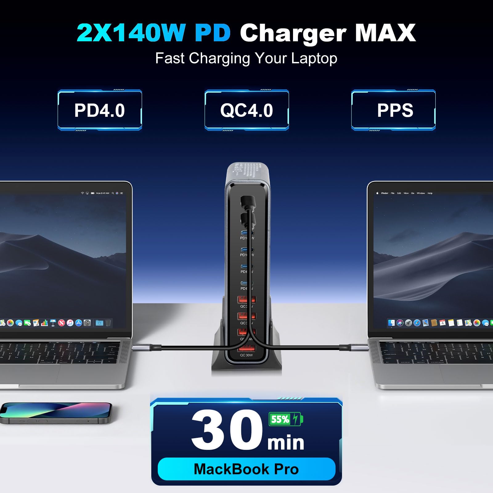 GaN III Chargeur USB C 730 W avec 10 ports, chargeur rapide USB GaN III avec 6 ports USB-C et 4 ports USB-A, Power Delivery, station de charge USBC pour MacBook Pro/Air, iPhone, iPad, Samsung plus