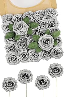 N&T NIETING Künstliche Blumen Glitter Rose, 25 Stück Silver Rosen