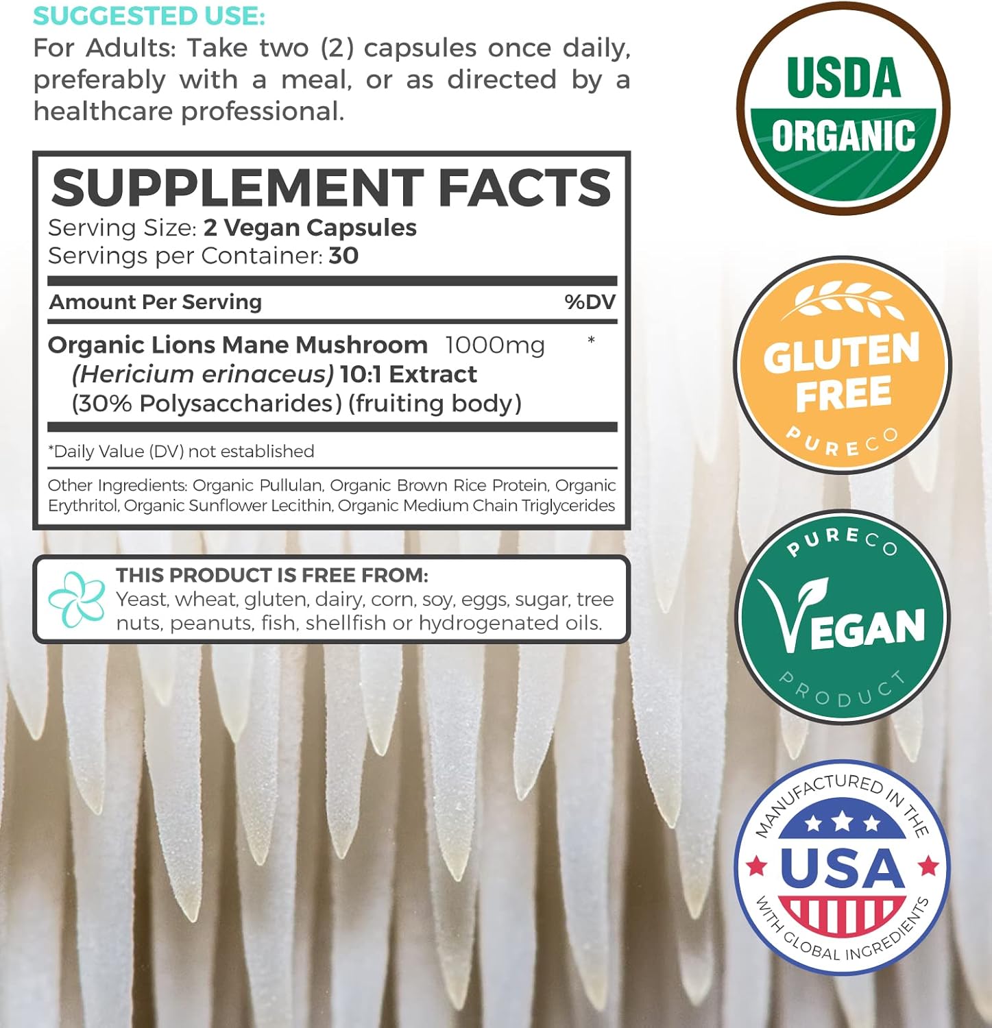 PURE CO Organic Lions Mane Supplement Capsules - USDA Organic Mushroom Supplement Capsules with 1000mg Lion's Mane 10:1 Extract per Serving with 30% Polysaccharides - Vegan & Non-GMO (1 Month Supply) - Image 2