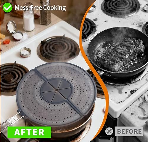 Miniatura 4 de Pantalla plegable con mango para sartén de 10, 11, 12 y 13 pulgadas, protector de aceite plegable doble, silicona sin BPA, agarre resistente al