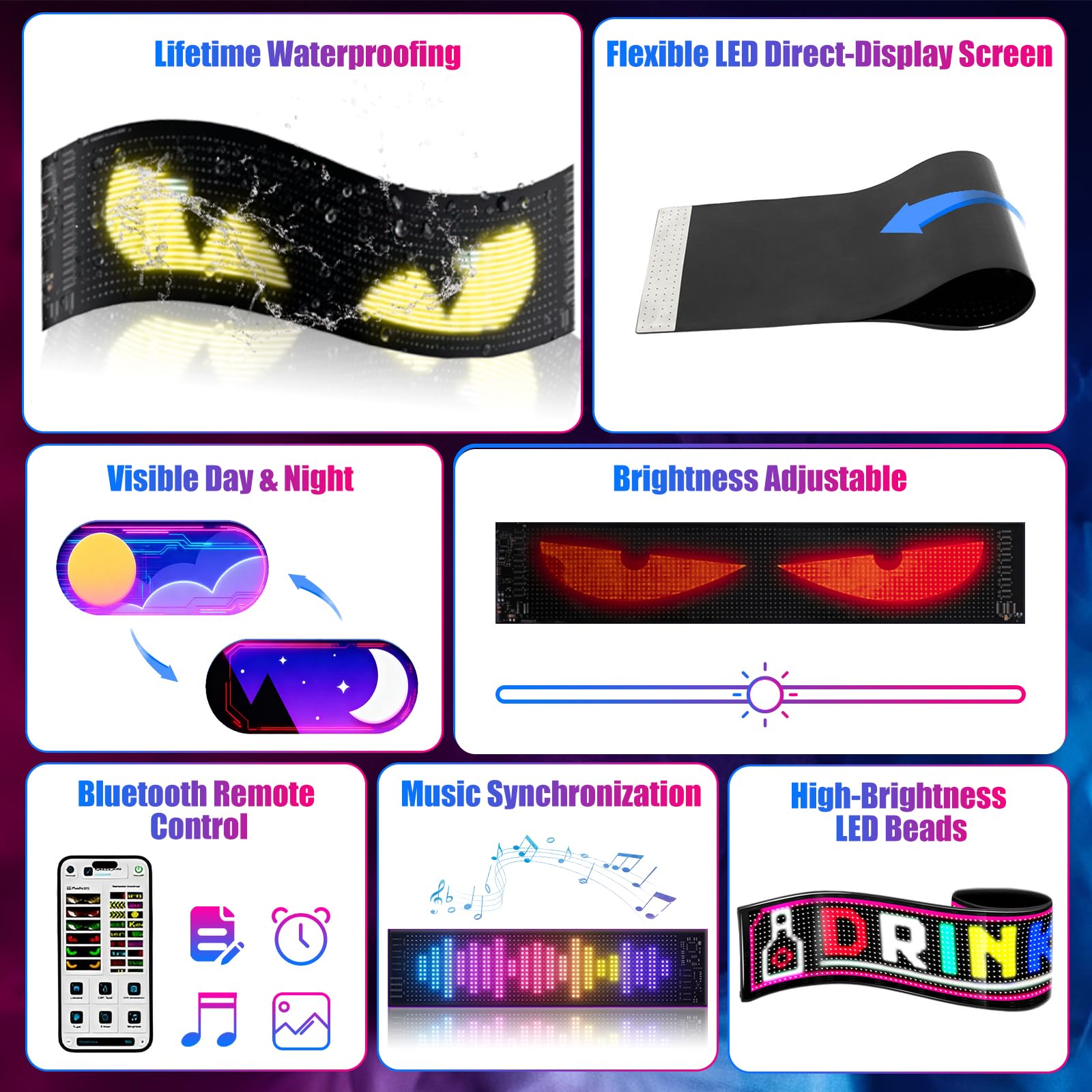 Ojos LED para Carro, 50 x 12 cm, USB, elastyczne, programowalne, wodoszczelne, zdalne sterowanie, sterowanie za pomocą aplikacji, tabliczka LED do samochodów i ciężarowych