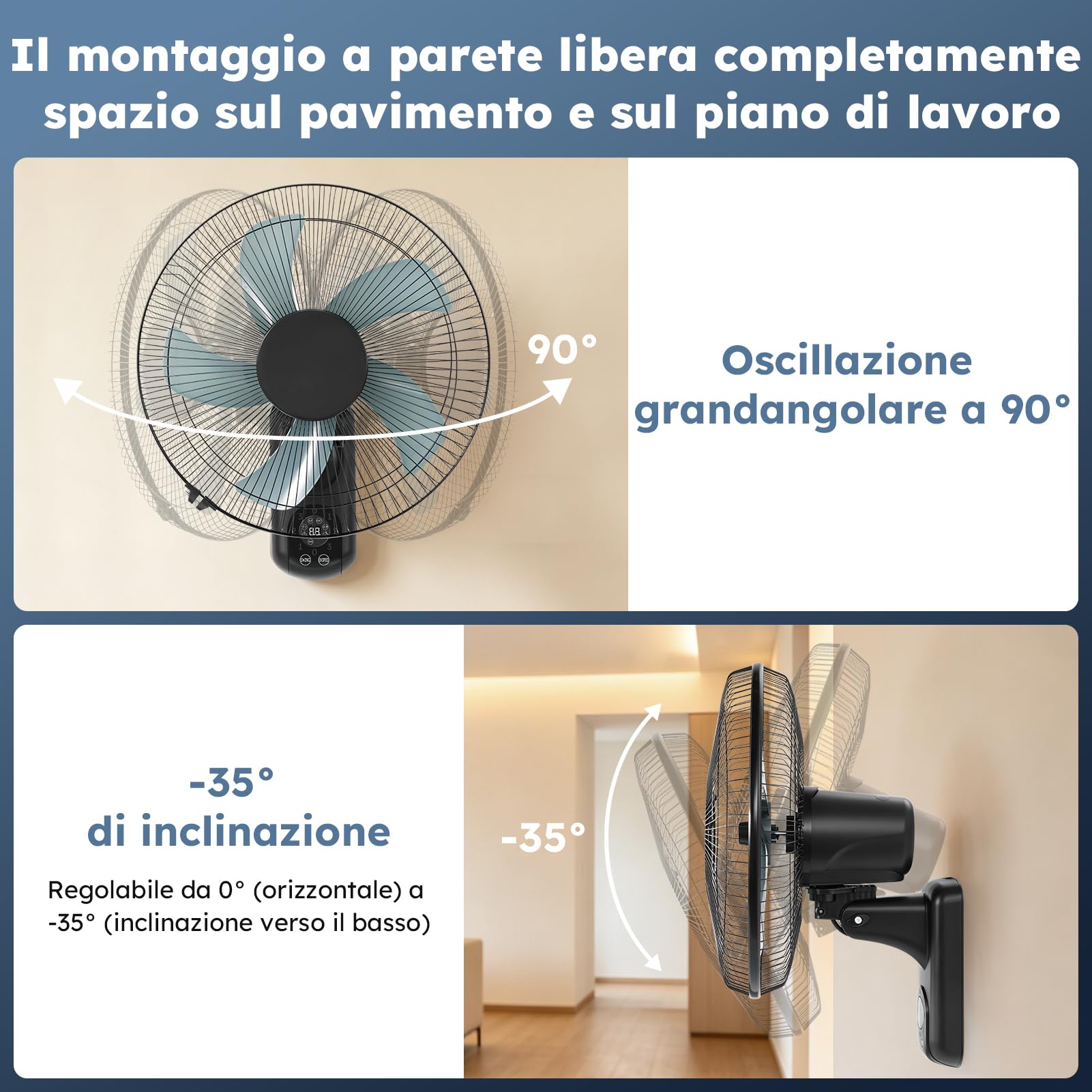 Ventilatore da Parete con Telecomando, Ventilatore a Parete da Ø 40 cm, con 3 Velocità, Oscillazione a 90° e Timer, Silenzioso < 28 dl, per Camera da Letto, Ufficio, Soggiorno