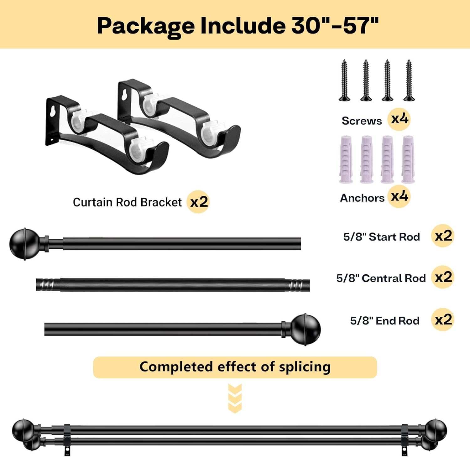 Adjustable Double Curtain Rods for Windows Set 30 to 57 Inch, Black Curtains Rod with 2PCS Brackets, Small Extra Long 5/8 Diameter Blackout Cortineros Para Ventanas for Bedroom, Living Room