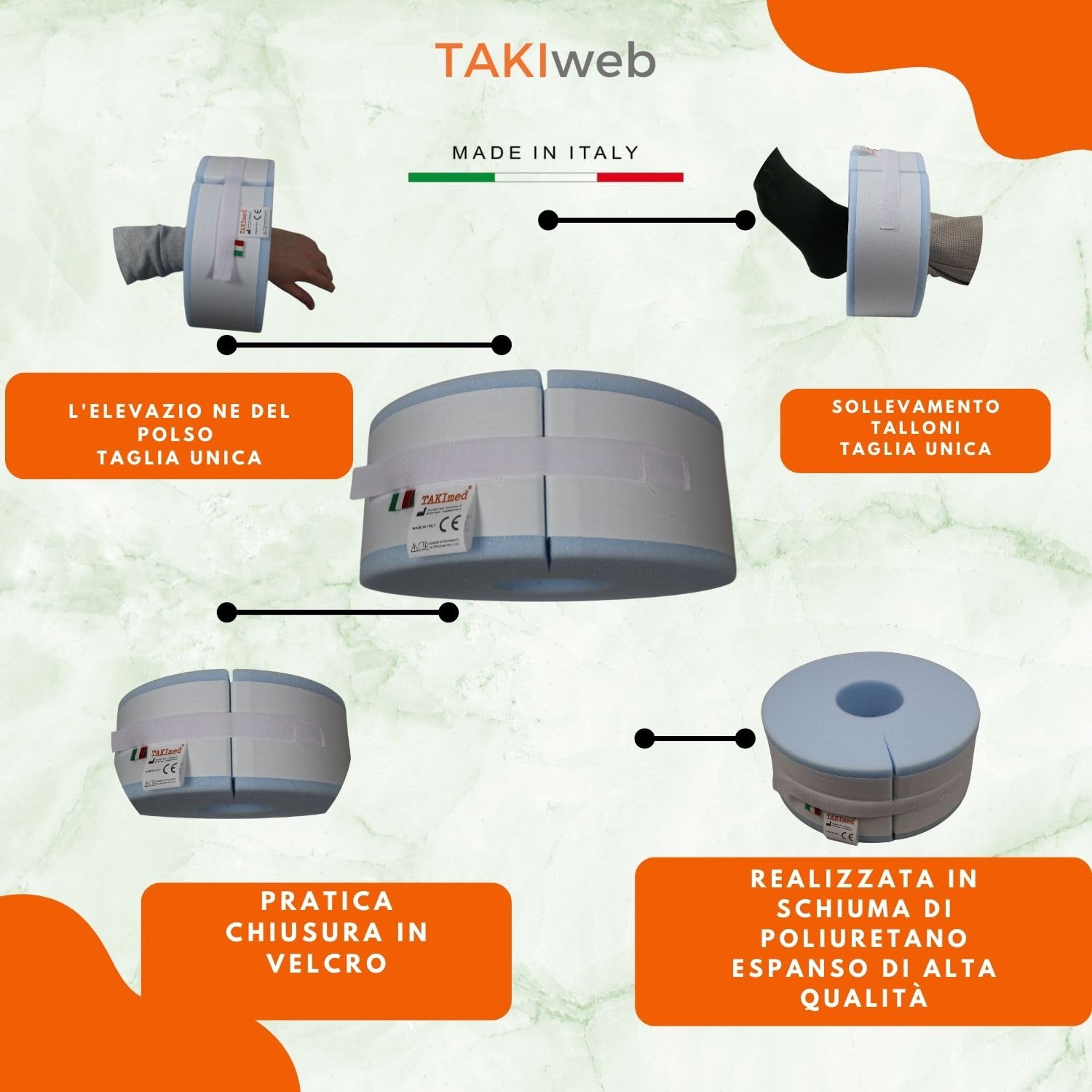 TAKImed,Talloniera, Polsiera Antidecubito, Antidecubito Per Sollevamento Talloni e Per L'elevazione Del Polso,Per L'elevazione Del Tallone Alla Caviglia Cuneo. Schiuma in puleuretano espanso.