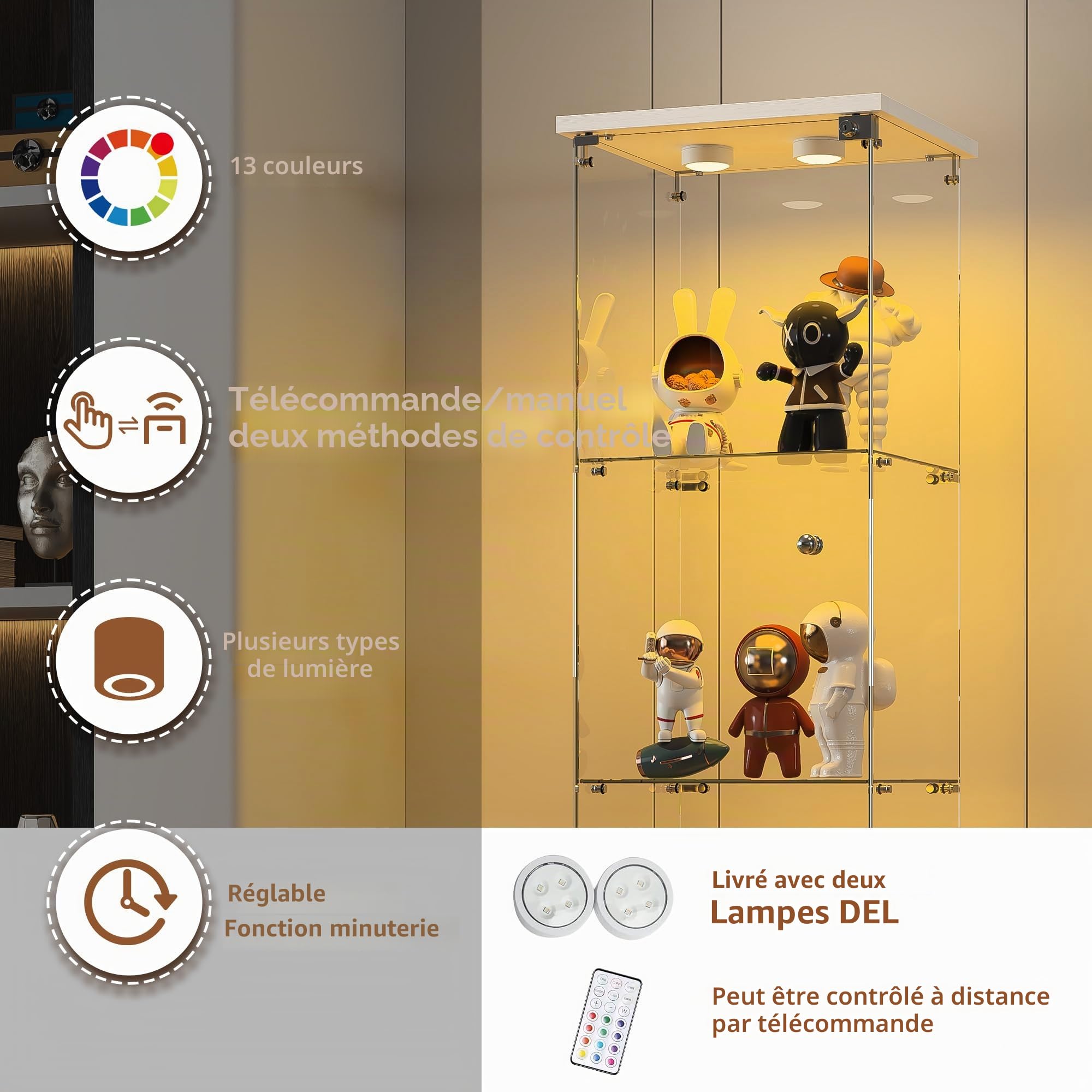 Vitrine en Verre avec LED,Armoire Vitrine pour Collection,1 Portes à Serrure,4 Étagères Adjustables, 164x42x36cm, Blanc