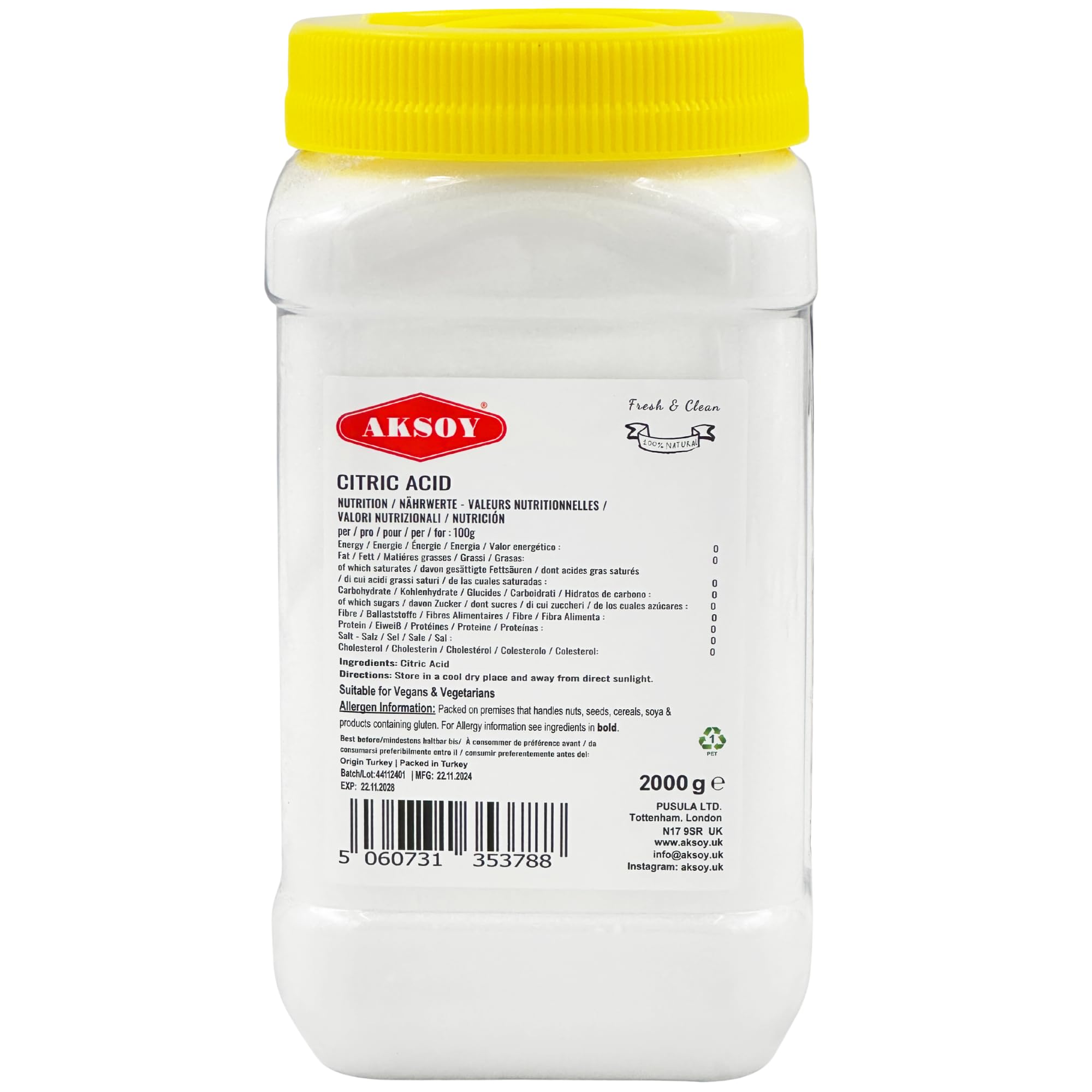 Aksoy Citric Acid Food Grade 2KG Jar || Non-GMO, Anhydrous, Make Your Own BathBomb, No Additives, Sour Drinks, Household Cleaning with Citric Acid Powder