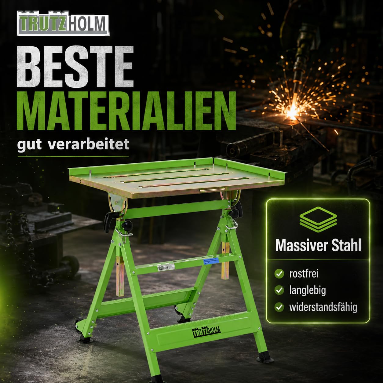 TRUTZHOLM mobiler Schweißtisch klappbar höhenverstellbar von 77-92 cm, 150 Kg, große Arbeitsplatte, stufenlose Neigung bis 90° Profi Werktisch Werkbank mit Rädern und Tragegriff, platzsparend