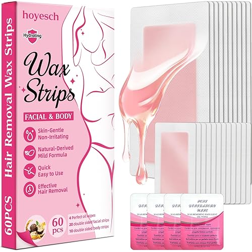 60 PCS Wax Strips - 40 Facial & 20 Body Waxing Kit for Women’ s Hair Removal,Wax Strips for Face,Eyebrow,Body, Arms, Legs, Chest, Back, Bikini/Brazilian Waxing Strips & 4Calming Oil Wipes