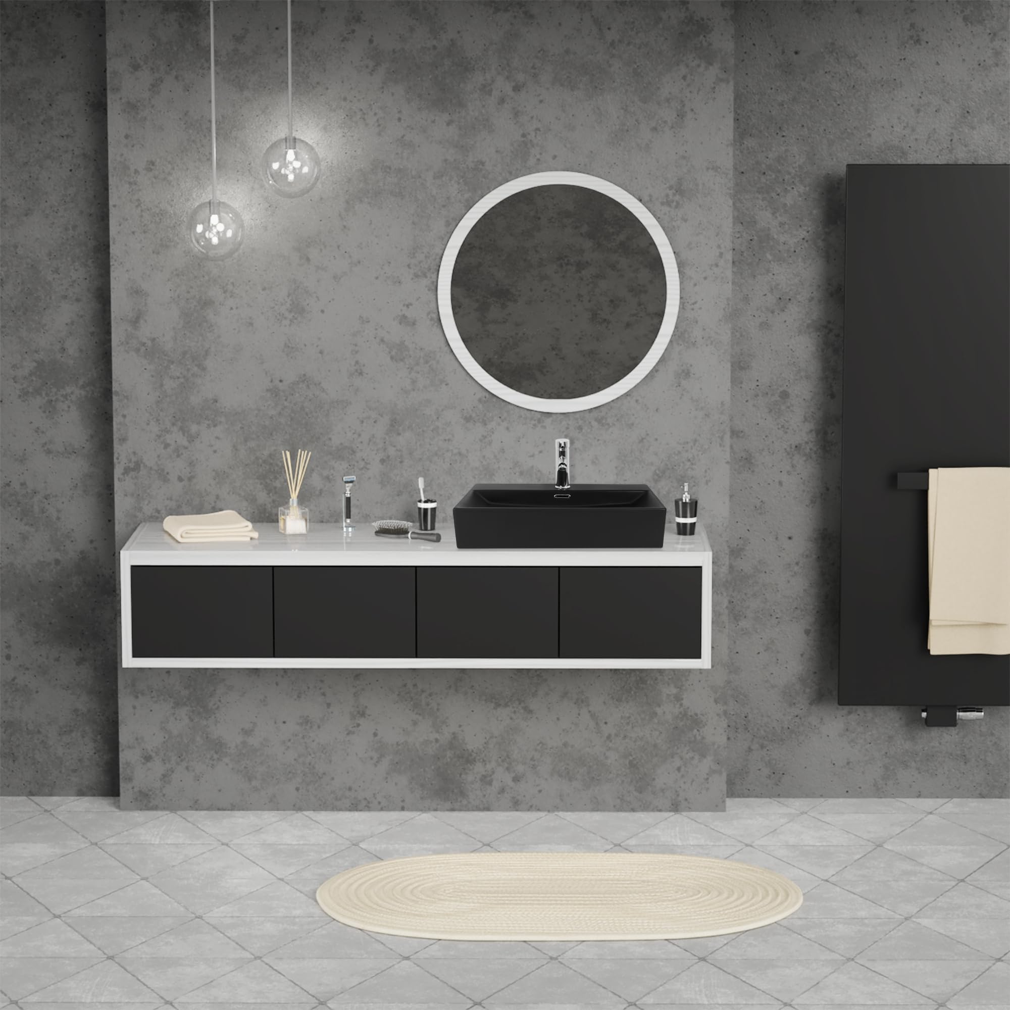 LuxeBath Lavabo in Ceramica 605x365x130 mm Colore Nero Opaco Lavello da Appoggio Rettangolare Lavandino Design Moderno Sanitari per Bagno Casa Hotel Bacinella per Ospiti Rubinetteria per Bagno