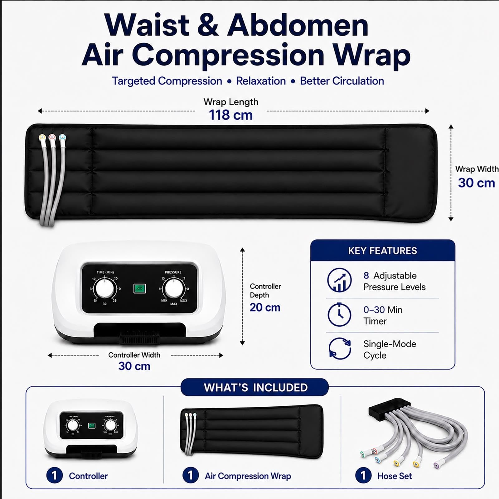 Ceinture de massage pour la taille, minuterie intelligente, 30-240 mmHg