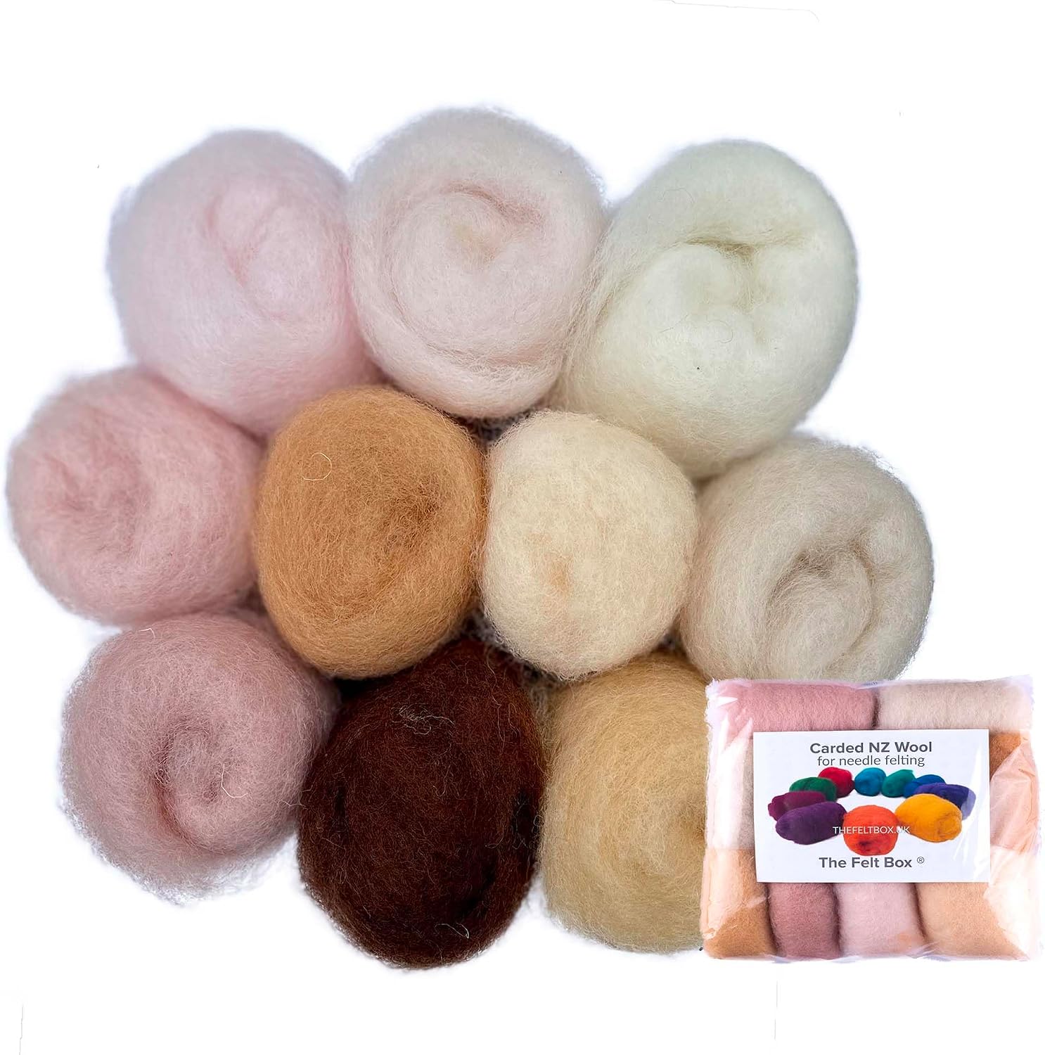 The Felt Box Needle Felting Wool – Skin Tone Shade Pack 100g / 3.5oz – Short Fiber Carded Batts for Core & Finish – DHG Processed Sheep Wool ~27 Microns – Perfect for Dolls Animals People & Crafts