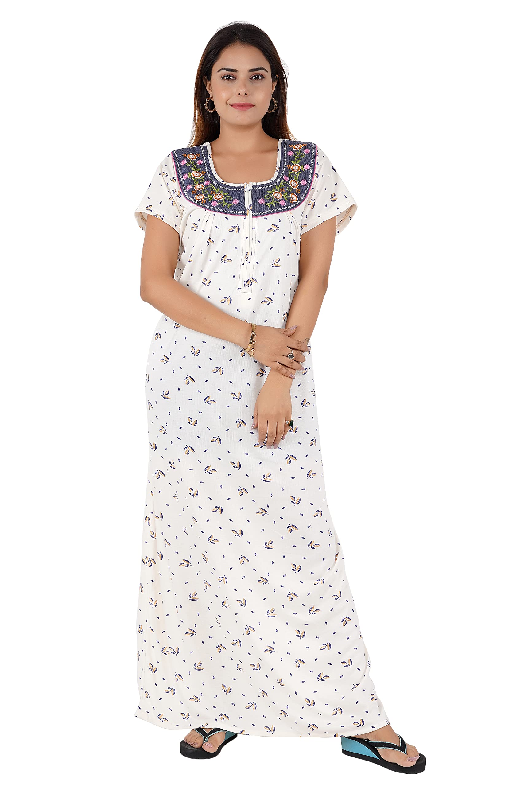 BHAVI Women's Hosiery Cotton Nighty/Nightgown/Maxi with Half Sleeves, Off White Floral Print (Size-L) Article-HS-091-picture-33