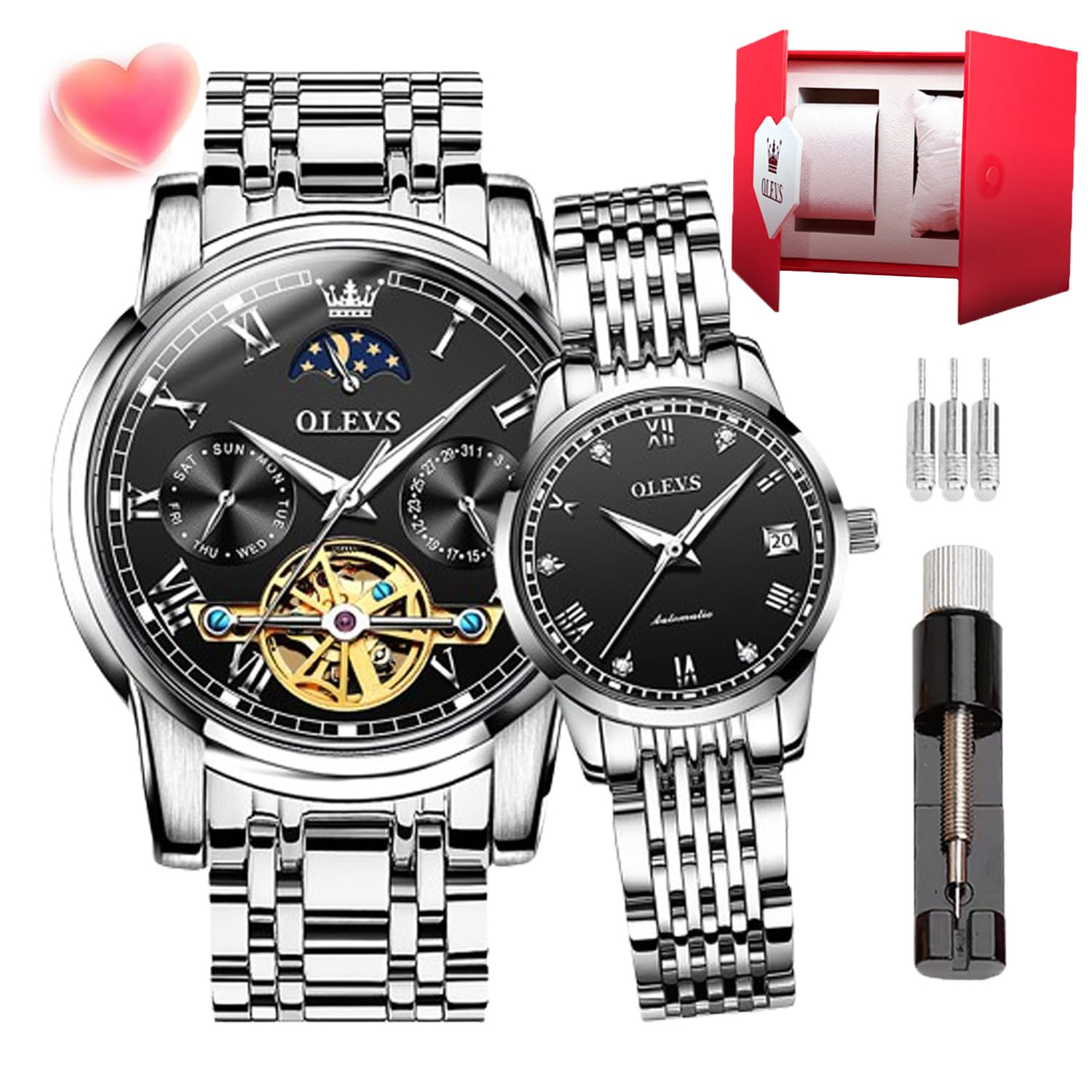 OLEVS Paar Uhren Set mit automatischem mechanischen automatischen Aufzug für Herren Damen Uhren Leuchtend Wasserdicht Edelstahl High