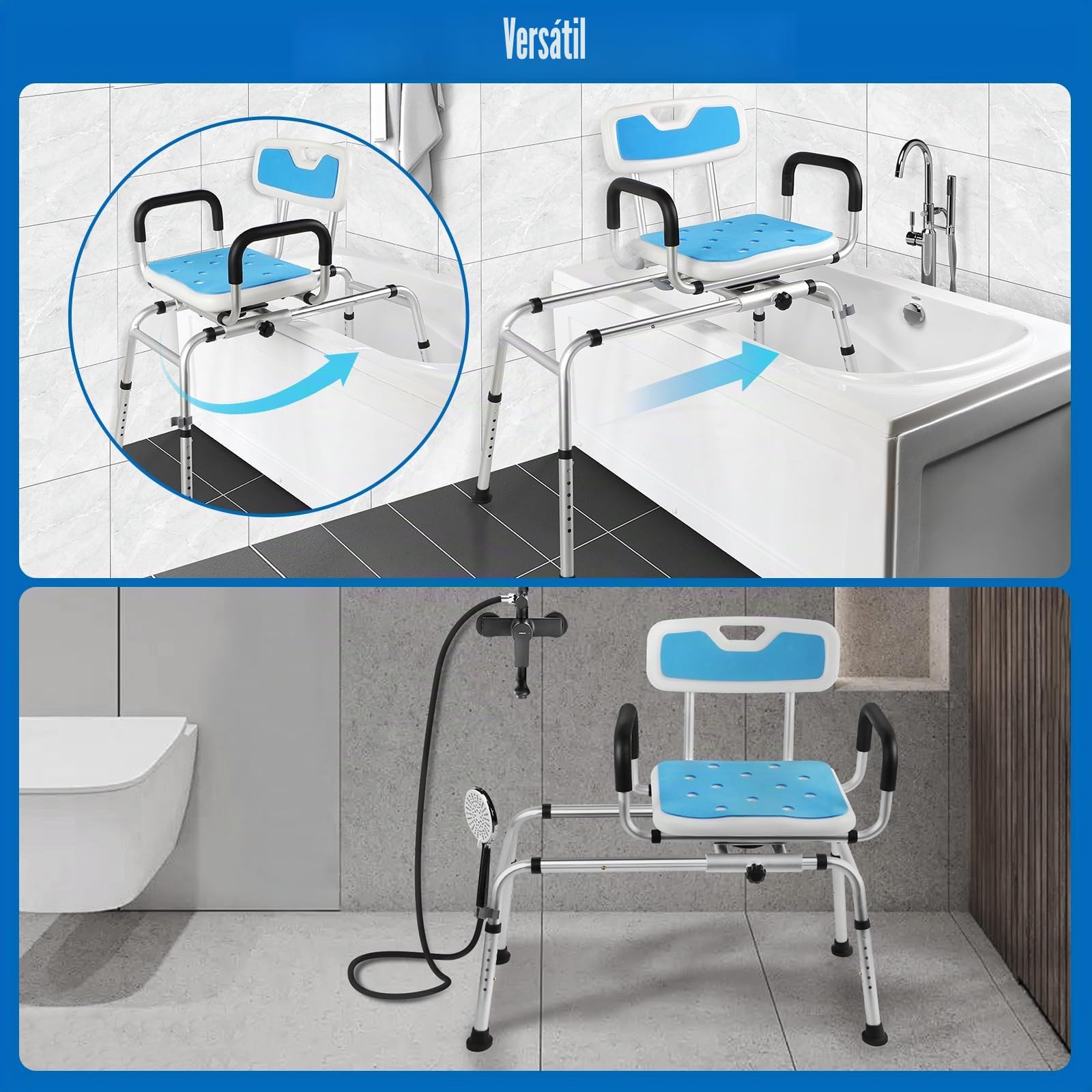Taburete de ducha giratorio y deslizante 360° para personas mayores, taburete de ducha y banco de transferencia de bañera con asiento giratorio y función deslizante, altura ajustable, reposabrazos