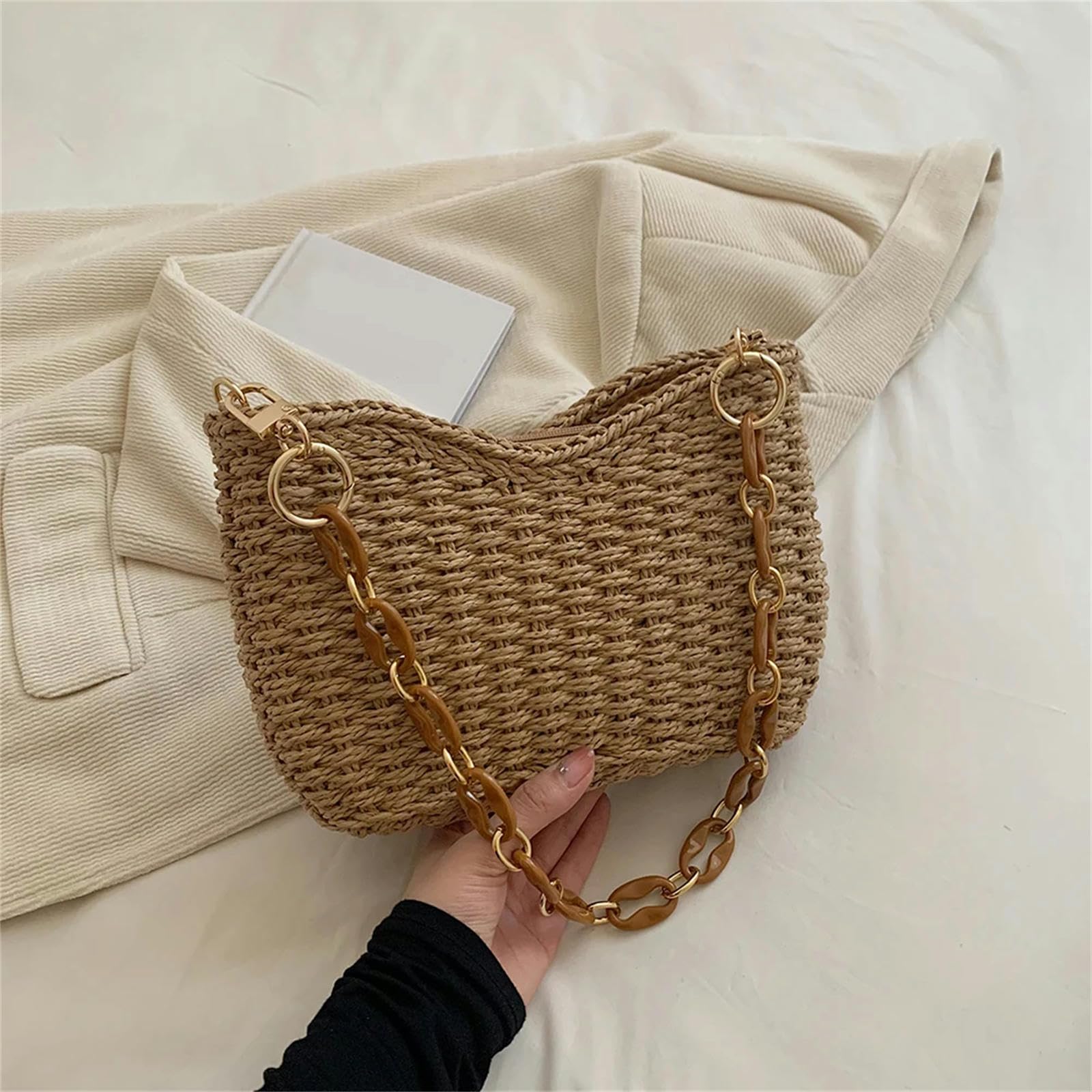 Strohtasche Strohhalm Für Frauen Gewebter Strandtasche Für Sommer Geldbeutel Casual Rattan Female Occine -tasche-beige