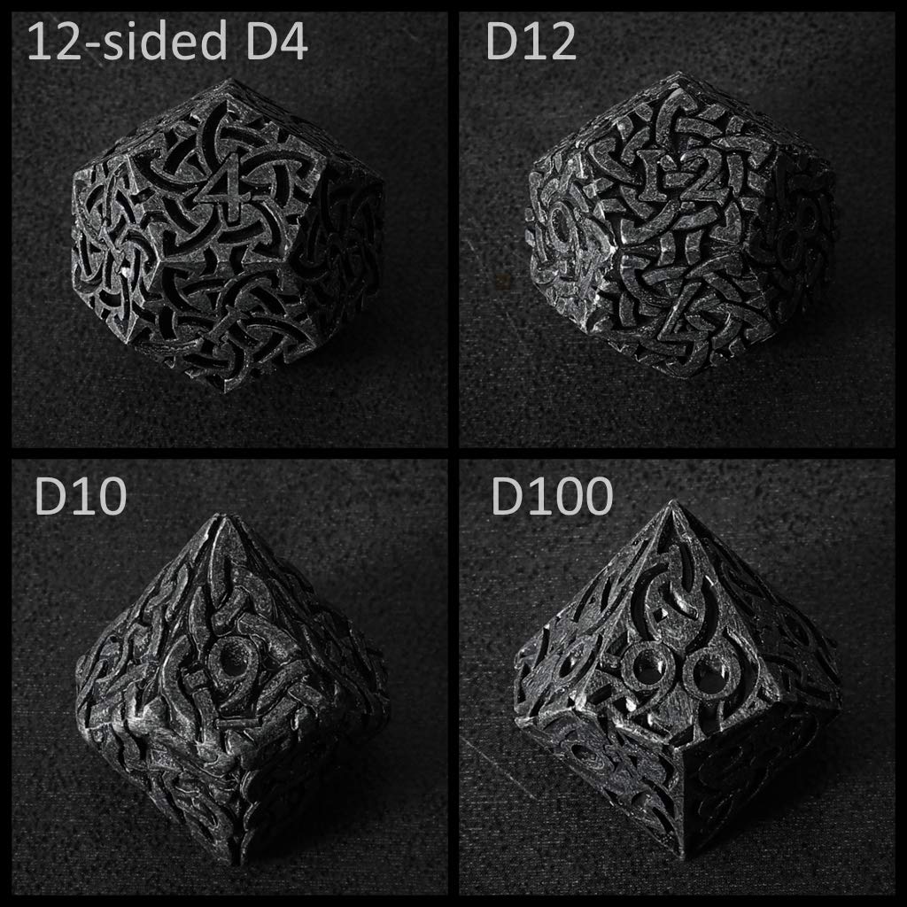 Lot de 7 dés polyédriques noirs ternis en métal avec nœuds celtiques extra lourds pour Donjons et Dragons Call of Cthulhu Pathfinder RPG Dice Rogue Dice Warlock