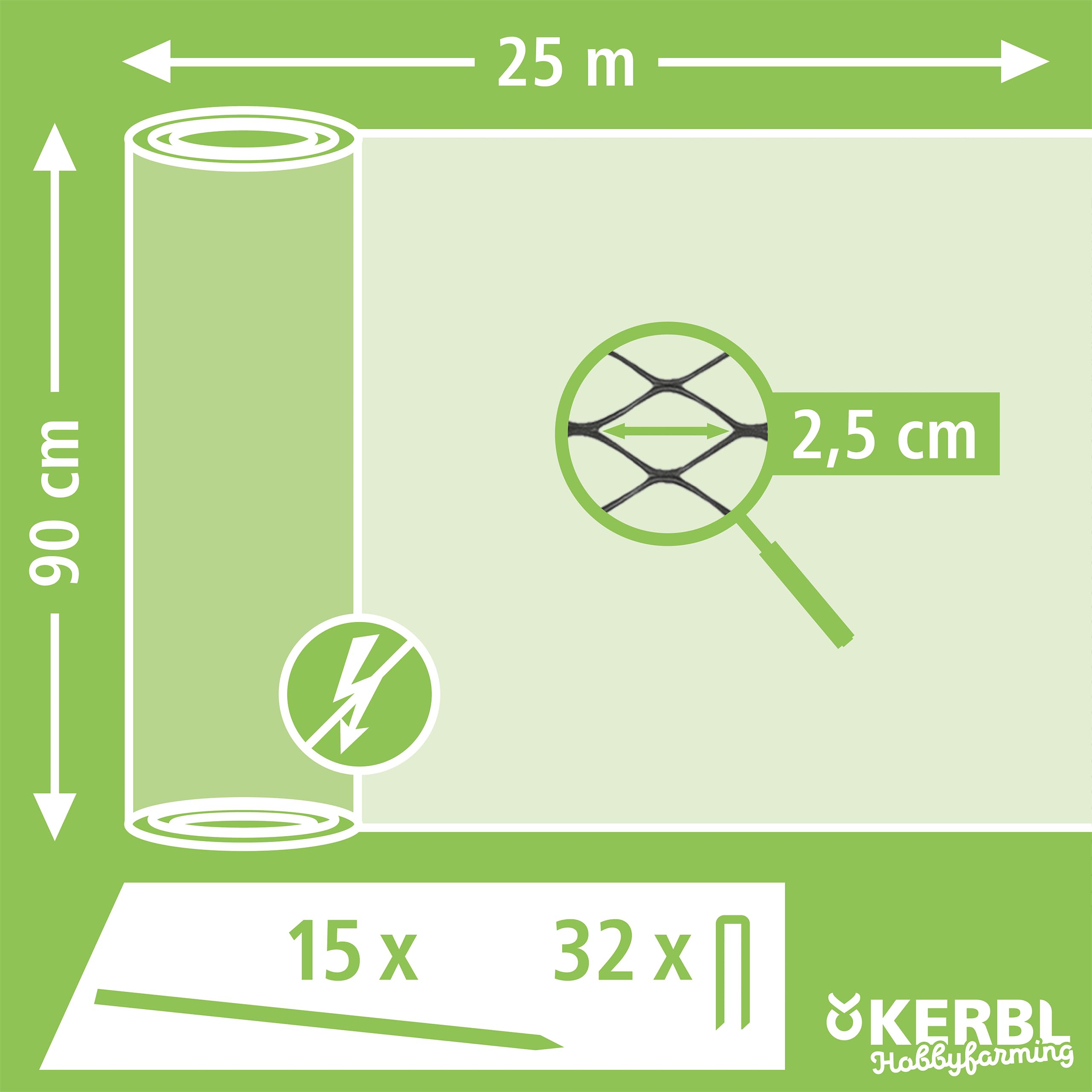 Kerbl Hobbyfarming Universalzaun MultiFence, Geflügelzaun, Hühnerzaun, 25m x 90cm, Kunststoff, Geflügel, Hühner, mobiler Zaun, schnelle Installation